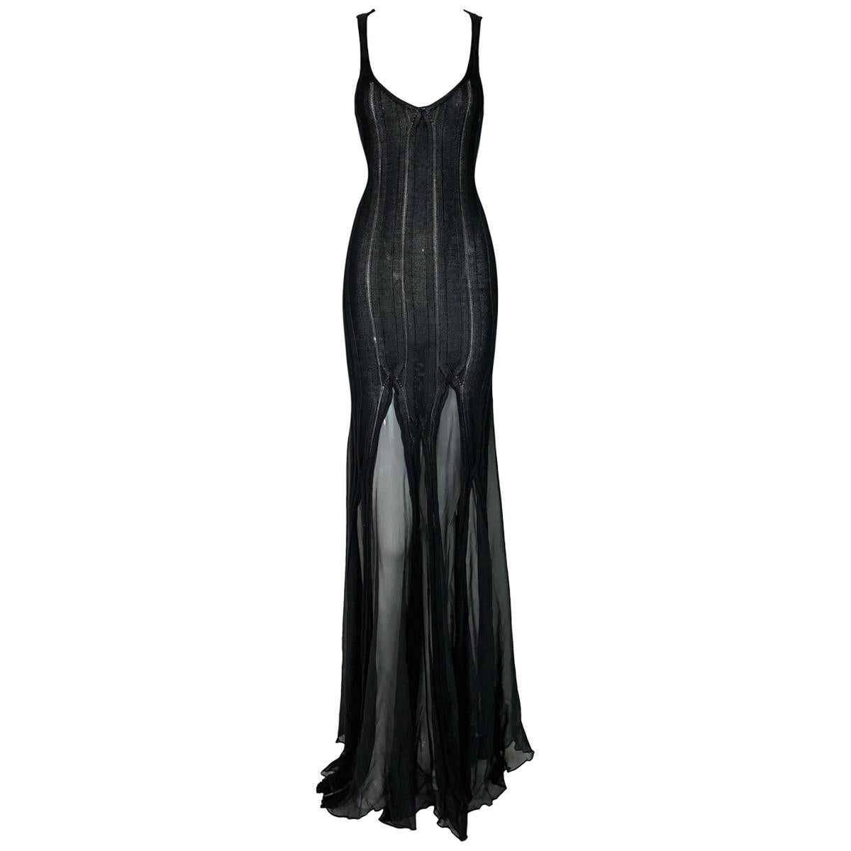 1970
s Yves Saint Laurent Sheer Black Knit Plunging Silk Gown Dress