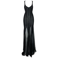 1970's Yves Saint Laurent Sheer Black Knit Plunging Silk Gown Dress