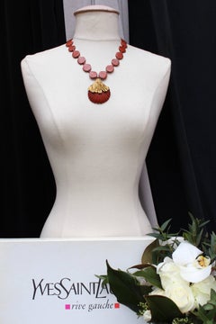 Yves Saint Laurent shell necklace in gilded metal and red jasper, 1970s