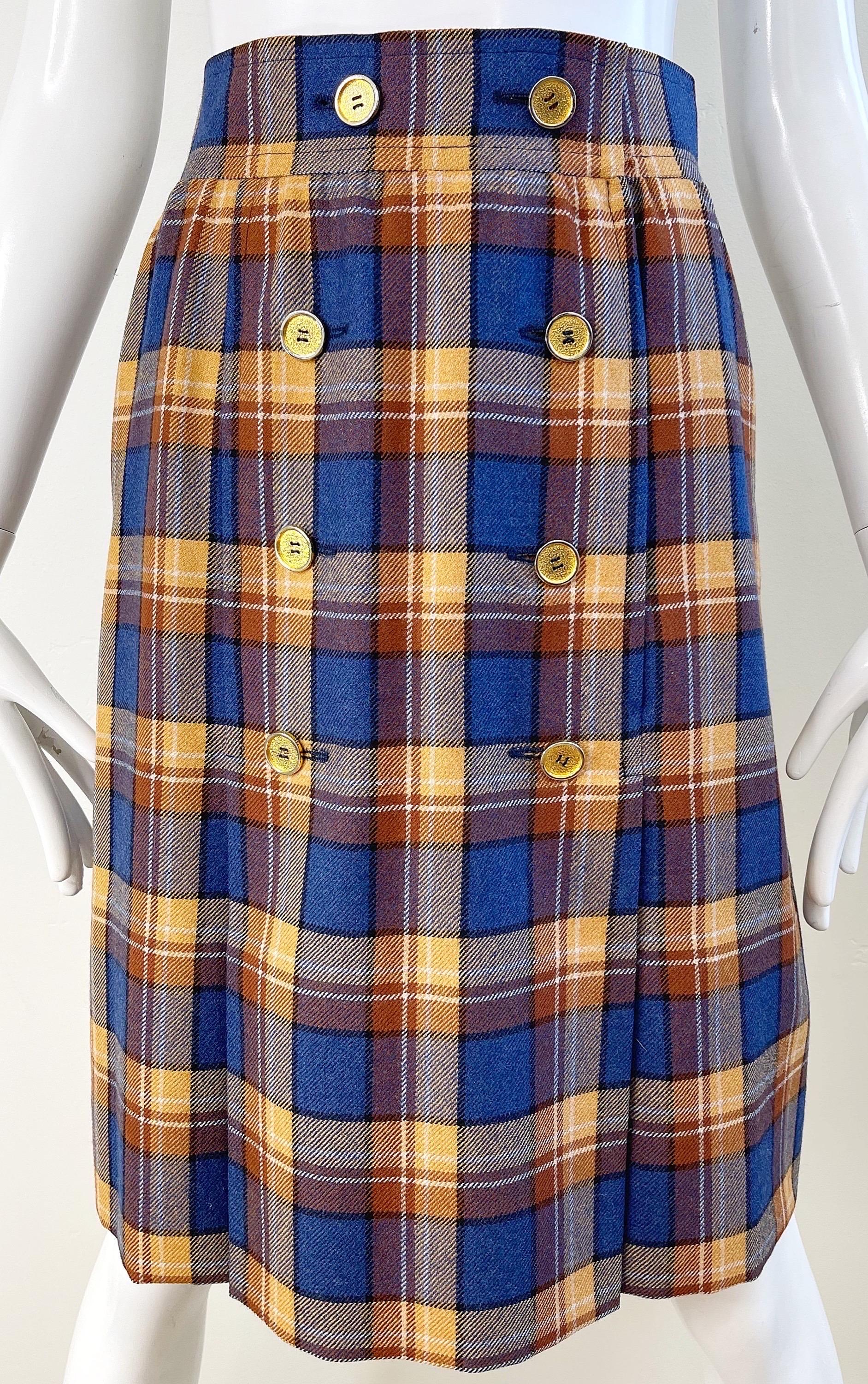 1970s Yves Saint Laurent Size 38 4/6 Navy Blue Brown Tan Vintage 70s Wool Skirt For Sale 5