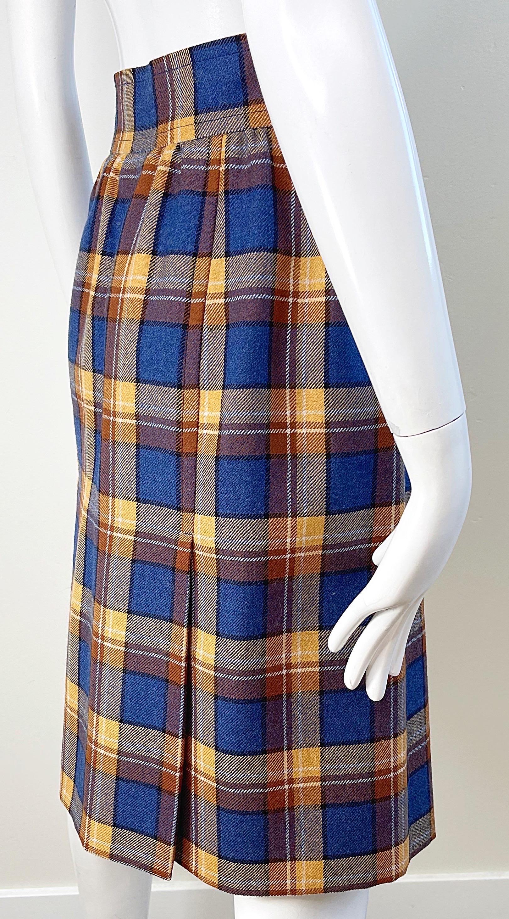 1970s Yves Saint Laurent Size 38 4/6 Navy Blue Brown Tan Vintage 70s Wool Skirt For Sale 7