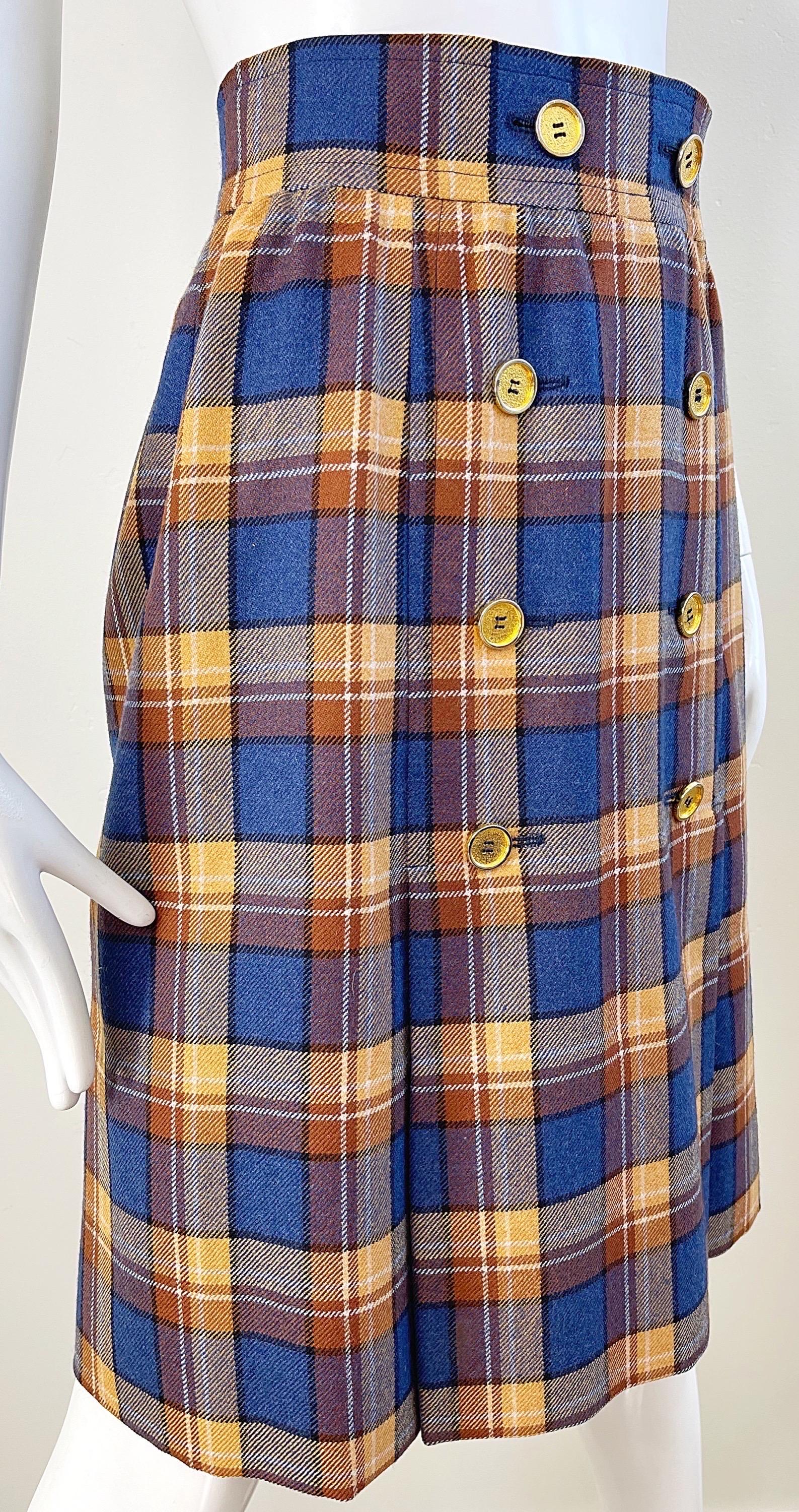 1970s Yves Saint Laurent Size 38 4/6 Navy Blue Brown Tan Vintage 70s Wool Skirt For Sale 8