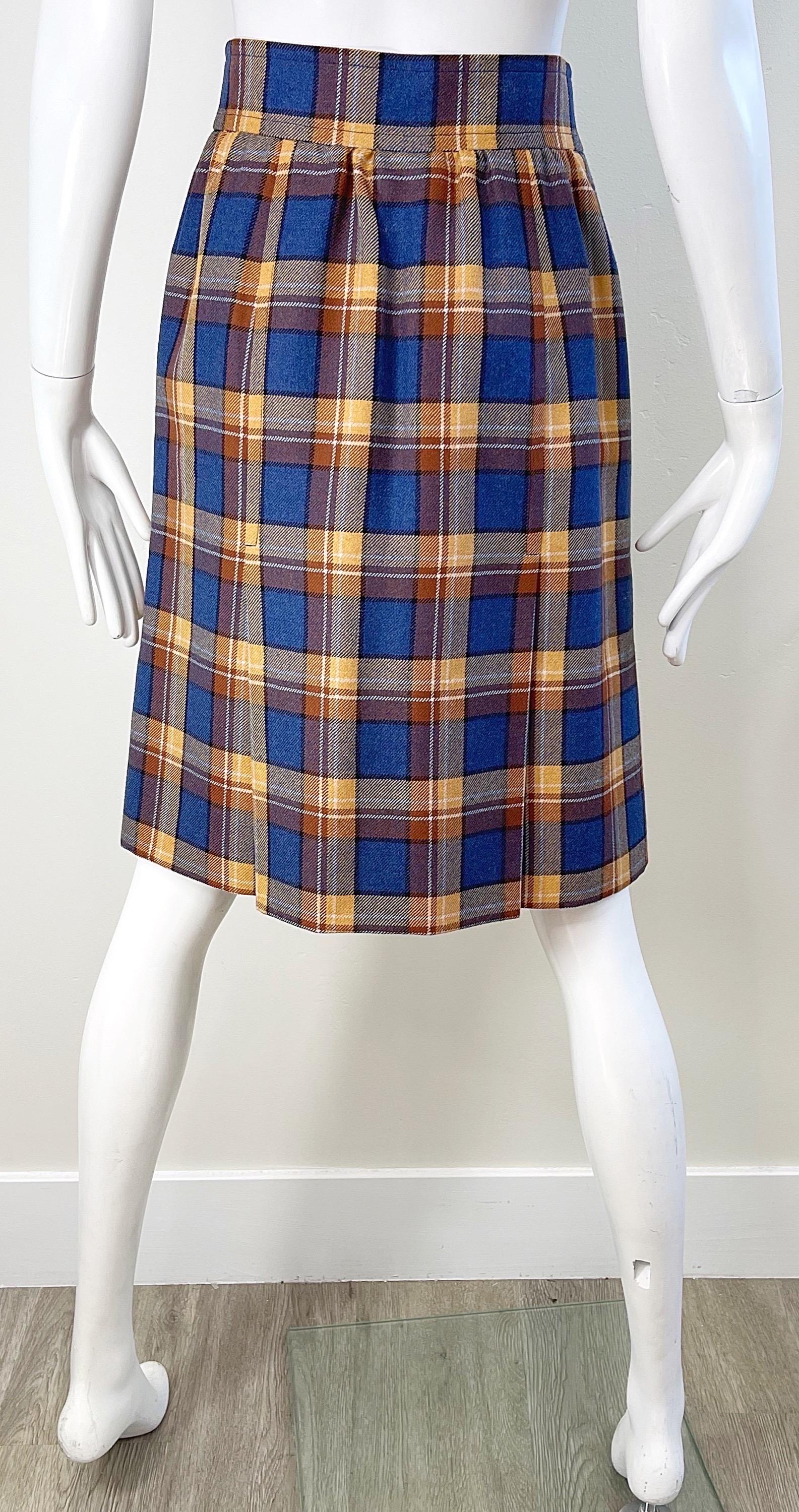 1970s Yves Saint Laurent Size 38 4/6 Navy Blue Brown Tan Vintage 70s Wool Skirt For Sale 9