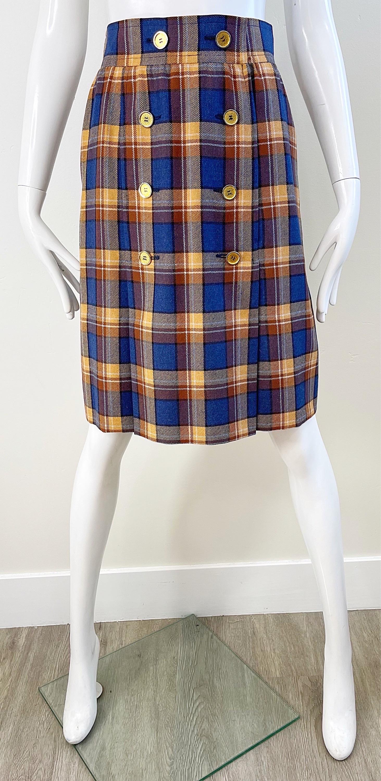 1970s Yves Saint Laurent Size 38 4/6 Navy Blue Brown Tan Vintage 70s Wool Skirt For Sale 10