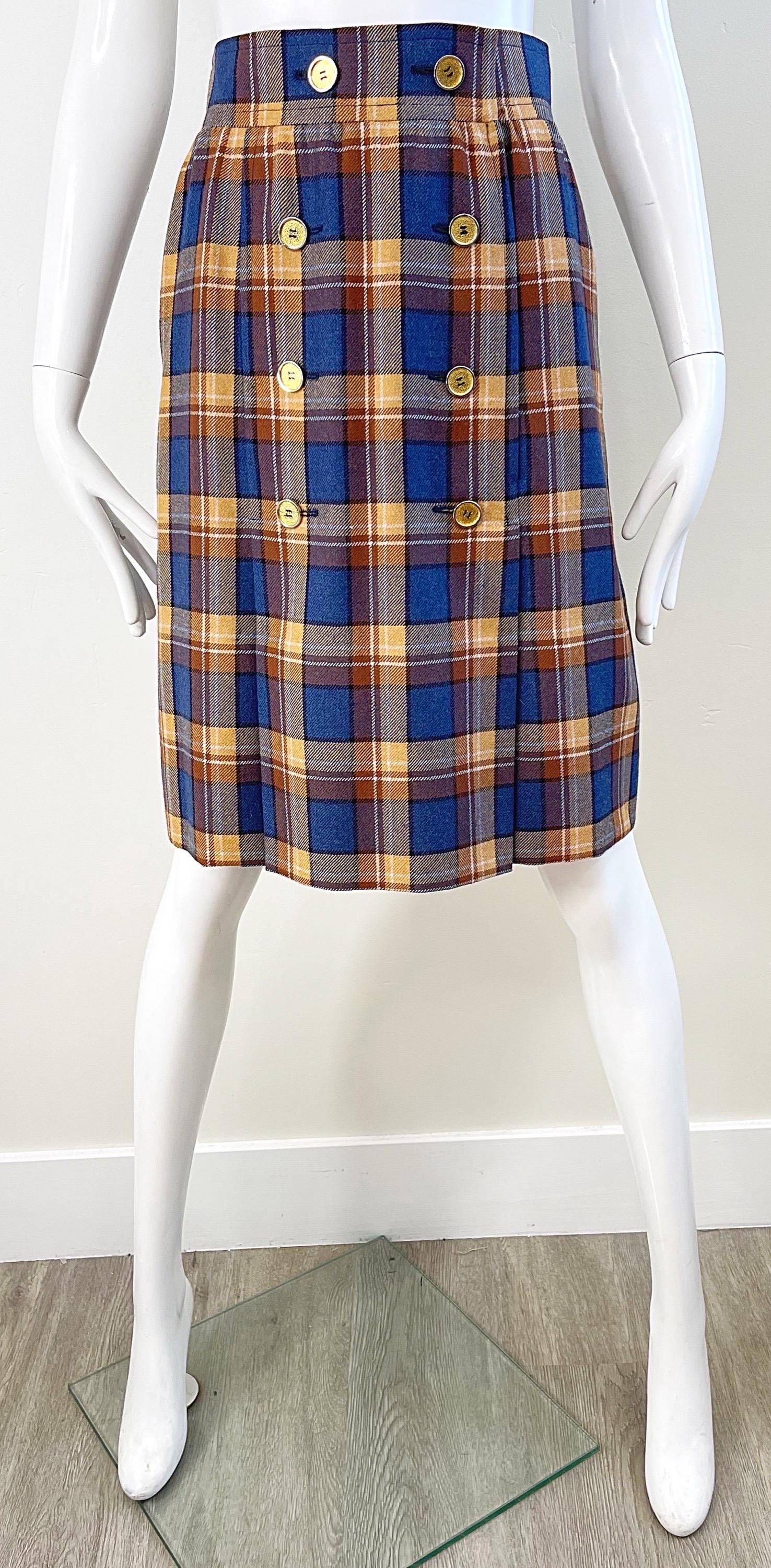 1970s Yves Saint Laurent Size 38 4/6 Navy Blue Brown Tan Vintage 70s Wool Skirt In Excellent Condition For Sale In San Diego, CA