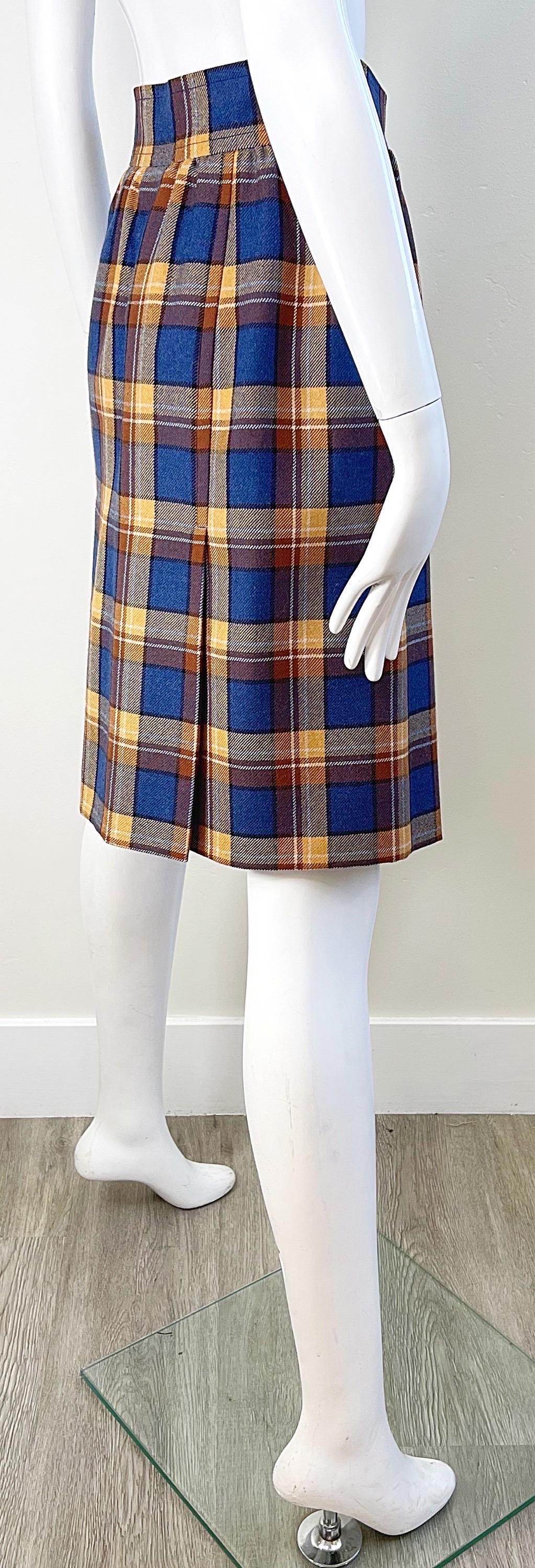 1970s Yves Saint Laurent Size 38 4/6 Navy Blue Brown Tan Vintage 70s Wool Skirt For Sale 1