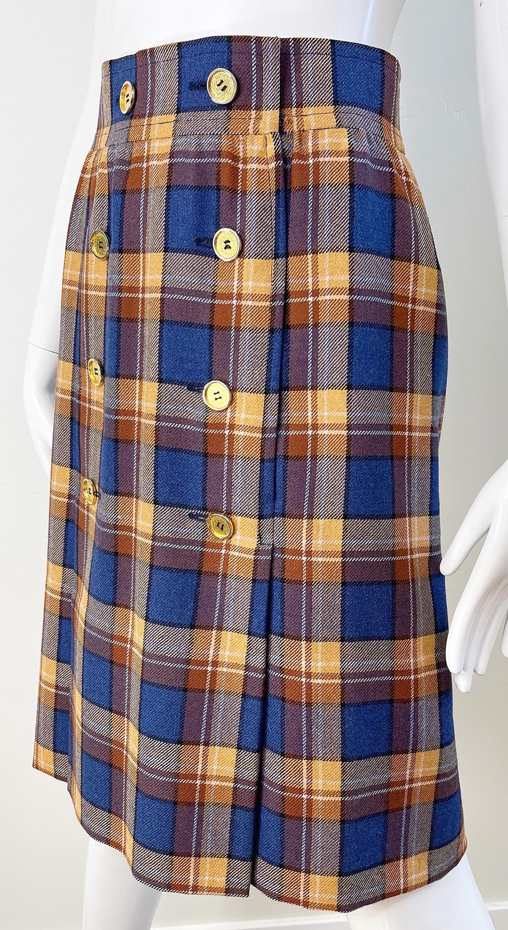 1970s Yves Saint Laurent Size 38 4/6 Navy Blue Brown Tan Vintage 70s Wool Skirt For Sale 2
