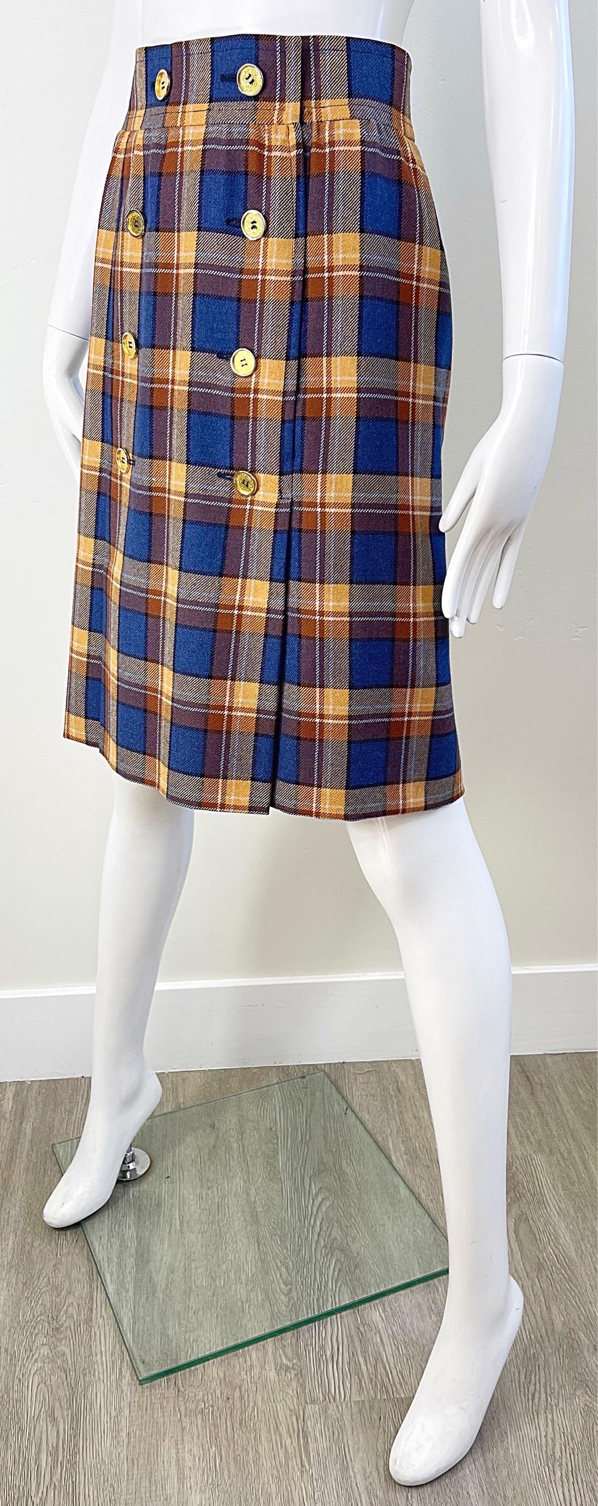 1970s Yves Saint Laurent Size 38 4/6 Navy Blue Brown Tan Vintage 70s Wool Skirt For Sale 4