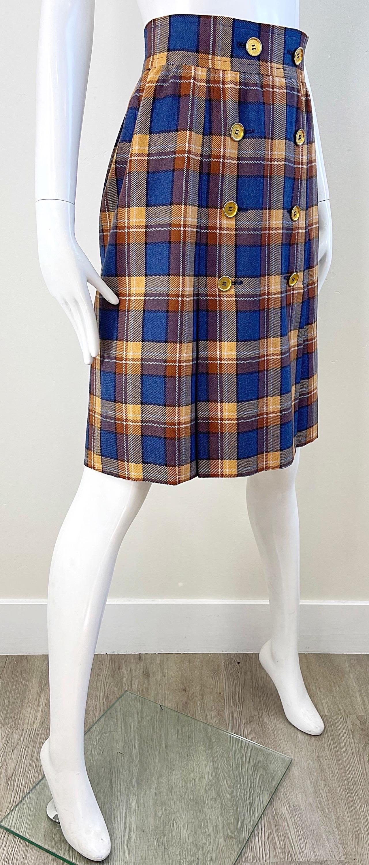 1970s Yves Saint Laurent Size 38 4/6 Navy Blue Brown Tan Vintage 70s Wool Skirt For Sale 5