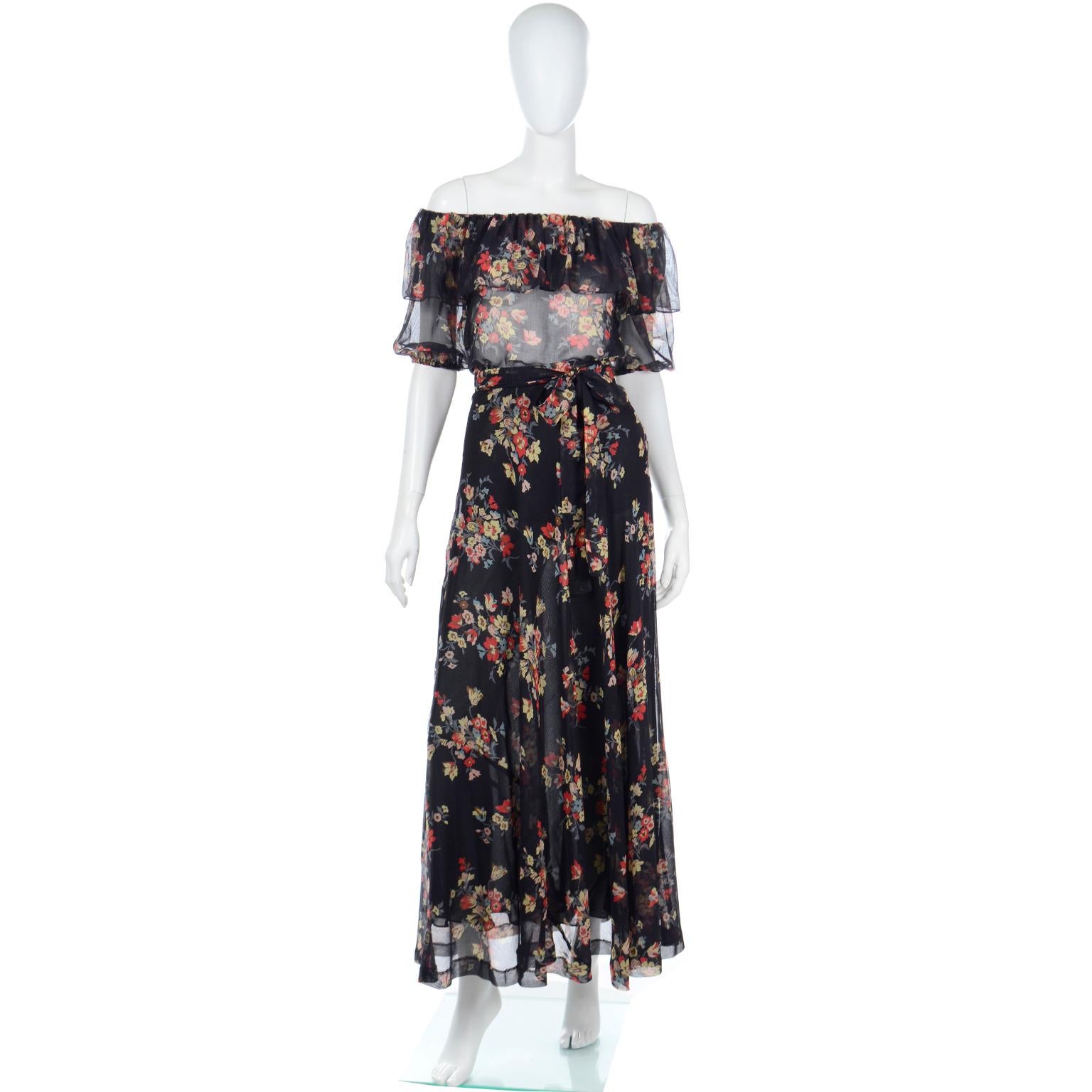 1970s Yves Saint Laurent Vintage 2 Pc Black Floral Sheer Maxi Dress In Excellent Condition For Sale In Portland, OR