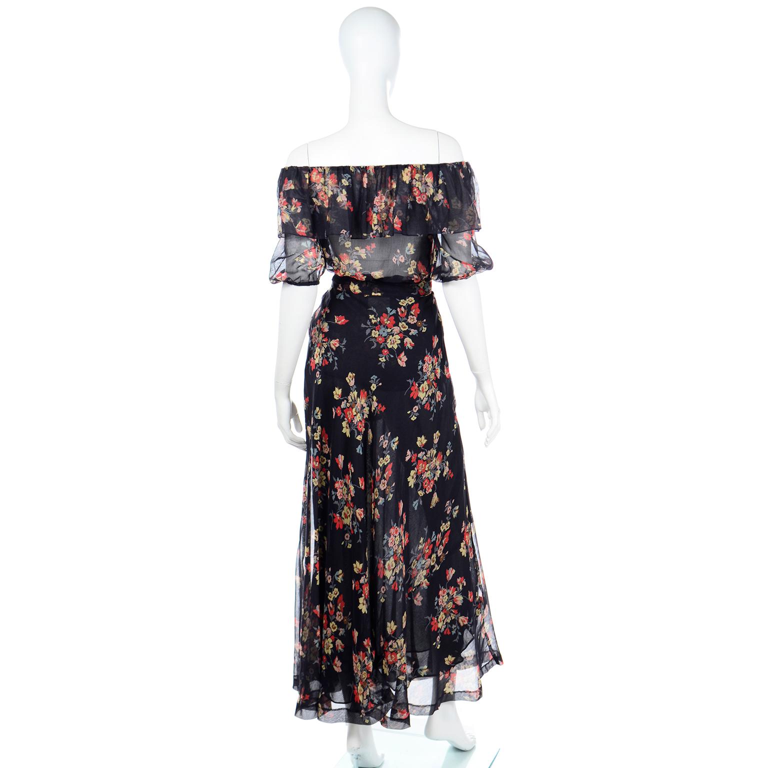 1970s Yves Saint Laurent Vintage 2 Pc Black Floral Sheer Maxi Dress For Sale 1