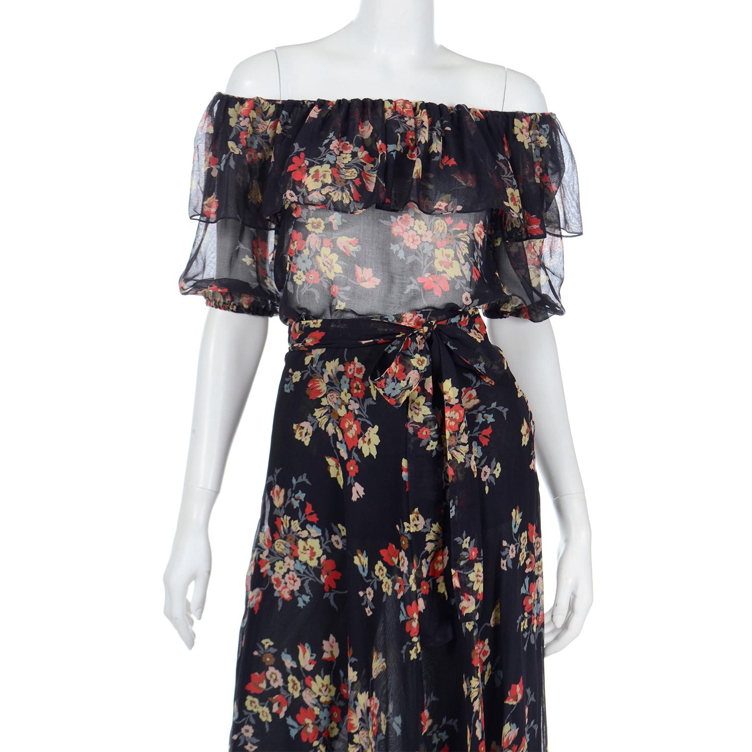 1970s Yves Saint Laurent Vintage 2 Pc Black Floral Sheer Maxi Dress For Sale 3