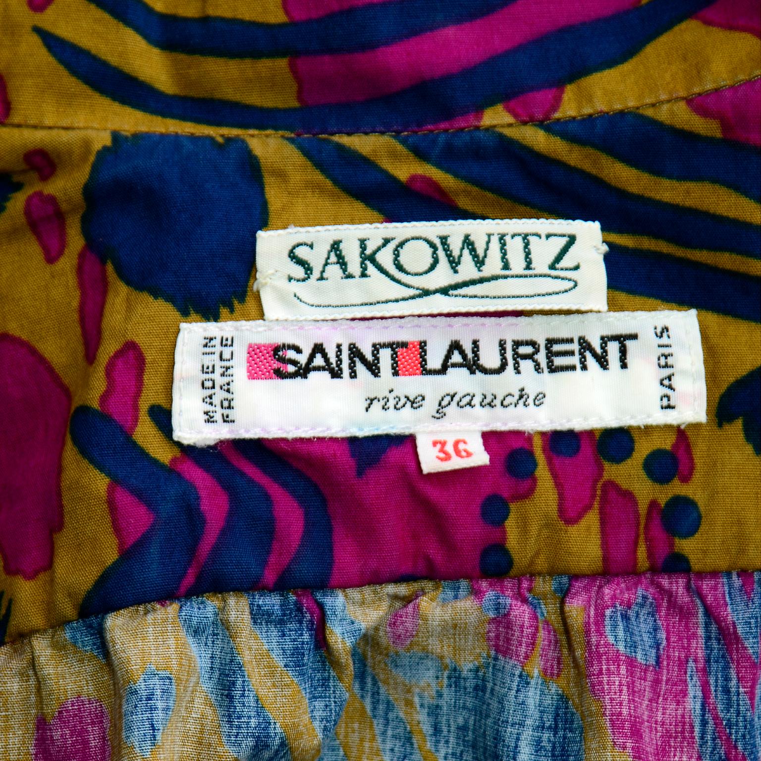 1970s Yves Saint Laurent Vintage Abstract Print Multi Colored Top w Sash Belt 5