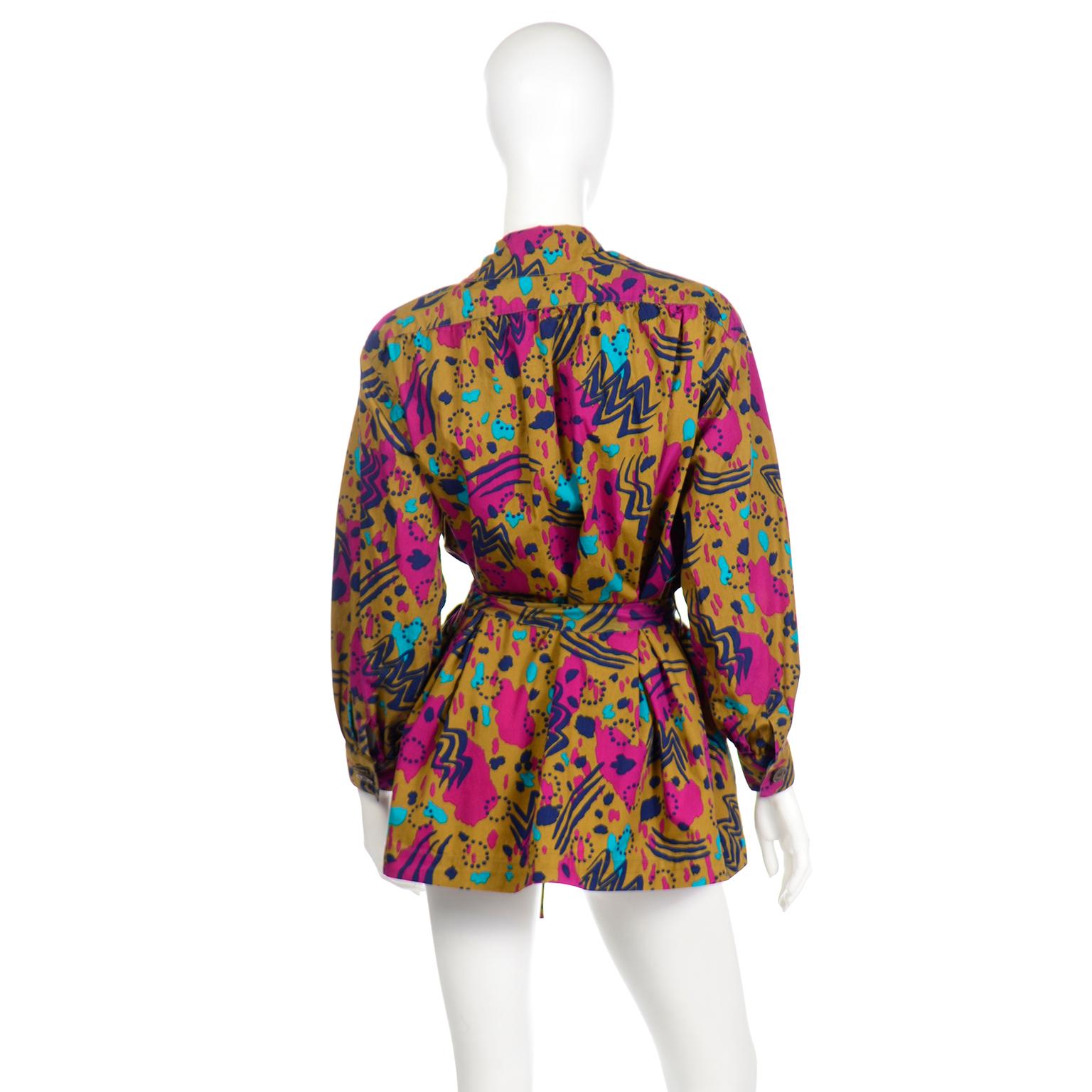 1970s Yves Saint Laurent Vintage Abstract Print Multi Colored Top w Sash Belt In Excellent Condition In Portland, OR
