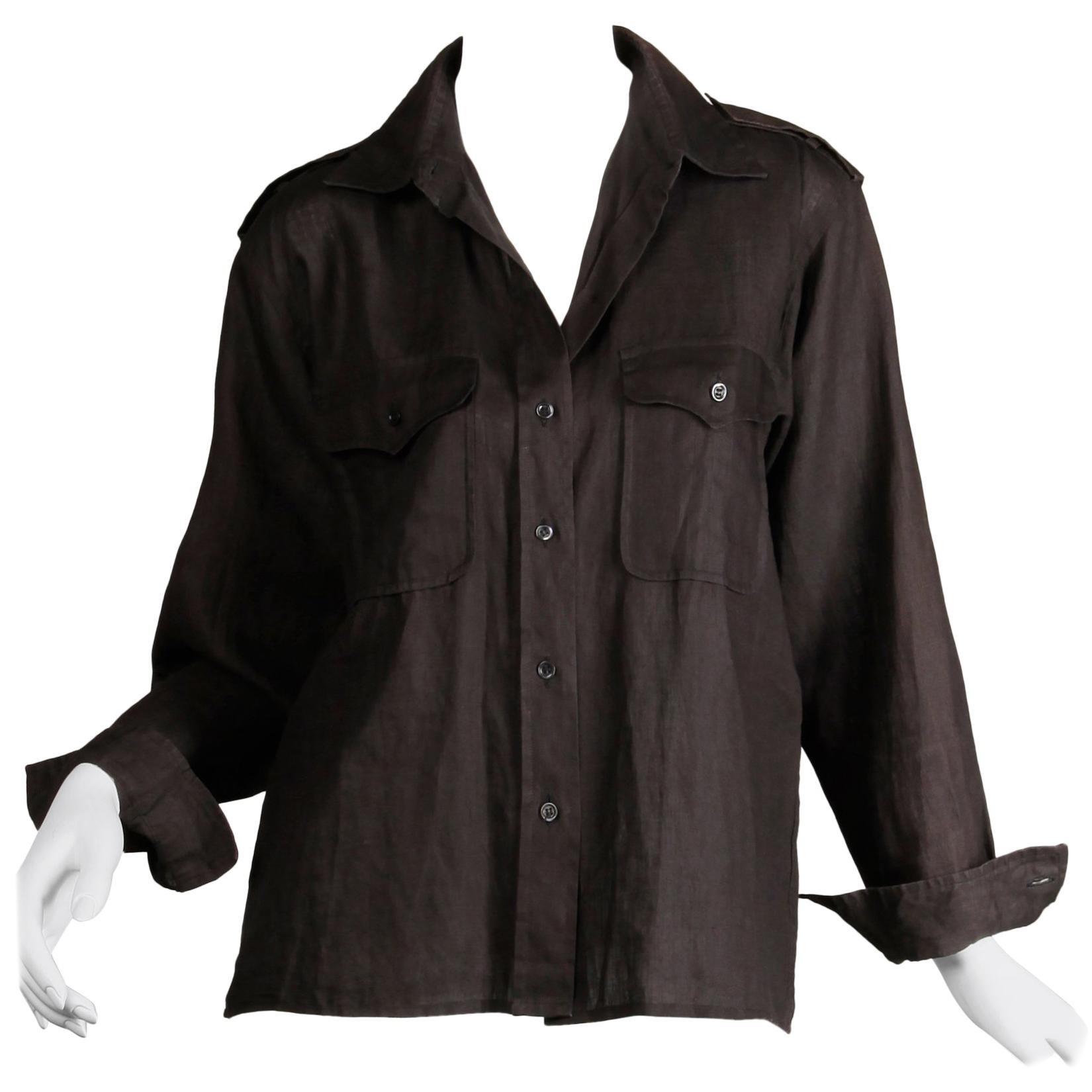 1970s Yves Saint Laurent Vintage Black Linen Safari Button Up Blouse/ Top/ Shirt For Sale