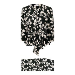 1970s Yves Saint Laurent Vintage Black Printed Shirt and Skirt Suit