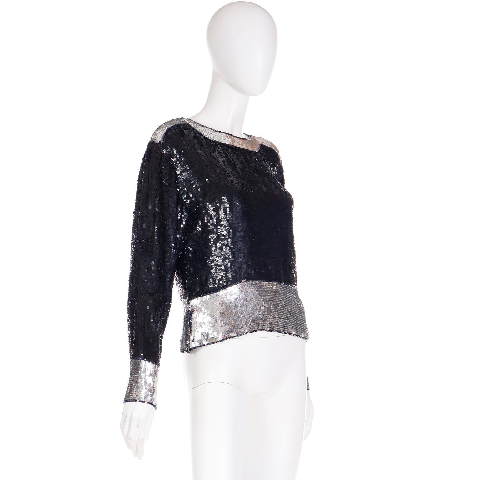 1970s Yves Saint Laurent Vintage Black & Silver Beaded Top W Beads & Sequins In Excellent Condition For Sale In Portland, OR