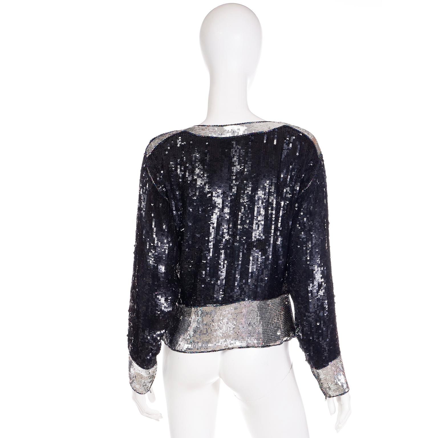 Women's 1970s Yves Saint Laurent Vintage Black & Silver Beaded Top W Beads & Sequins For Sale