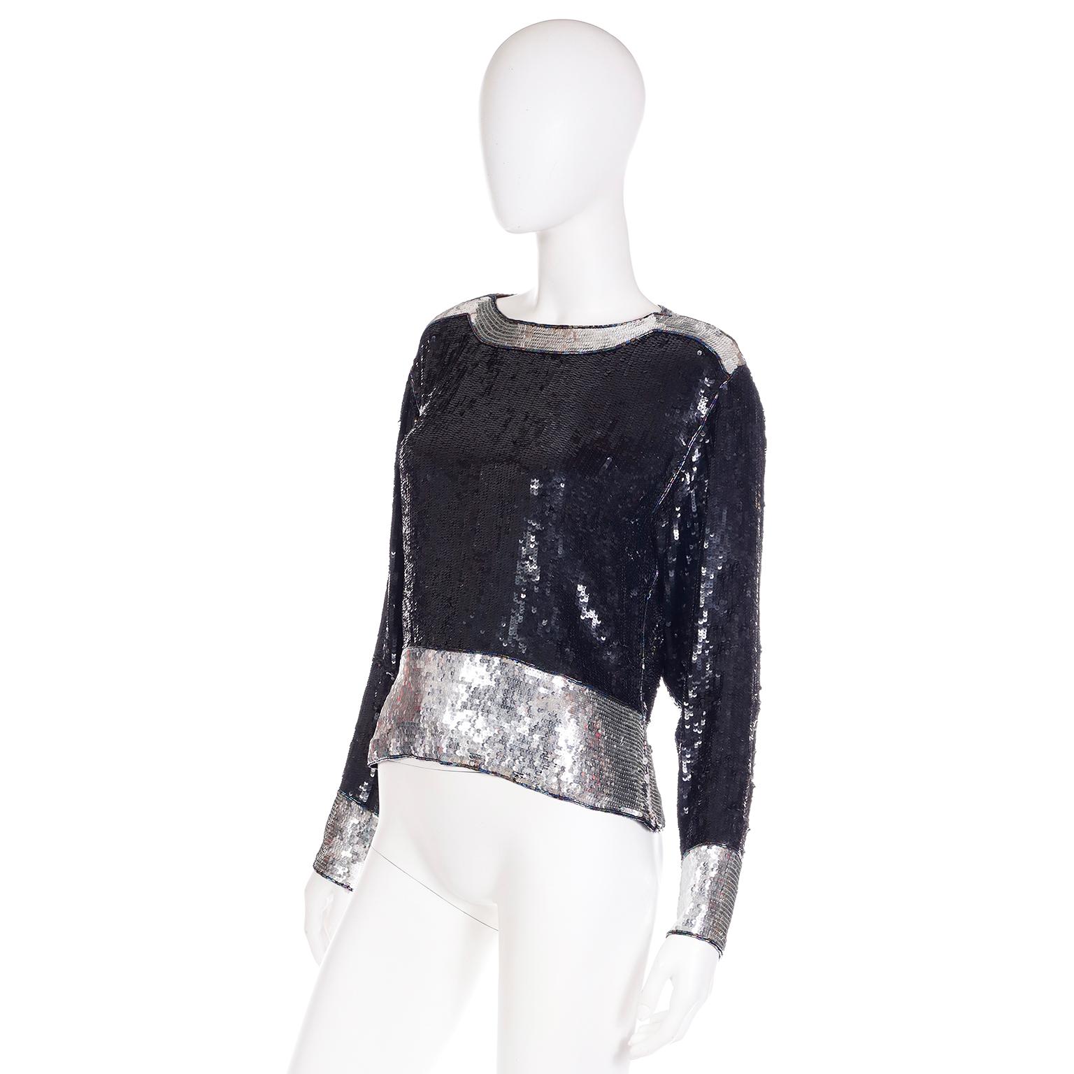 1970s Yves Saint Laurent Vintage Black & Silver Beaded Top W Beads & Sequins For Sale 1