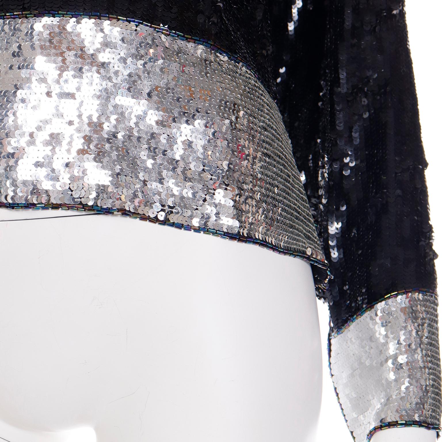 1970s Yves Saint Laurent Vintage Black & Silver Beaded Top W Beads & Sequins For Sale 5