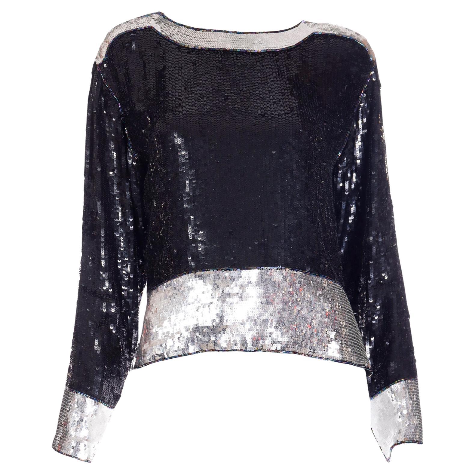 1970s Yves Saint Laurent Vintage Black & Silver Beaded Top W Beads & Sequins For Sale