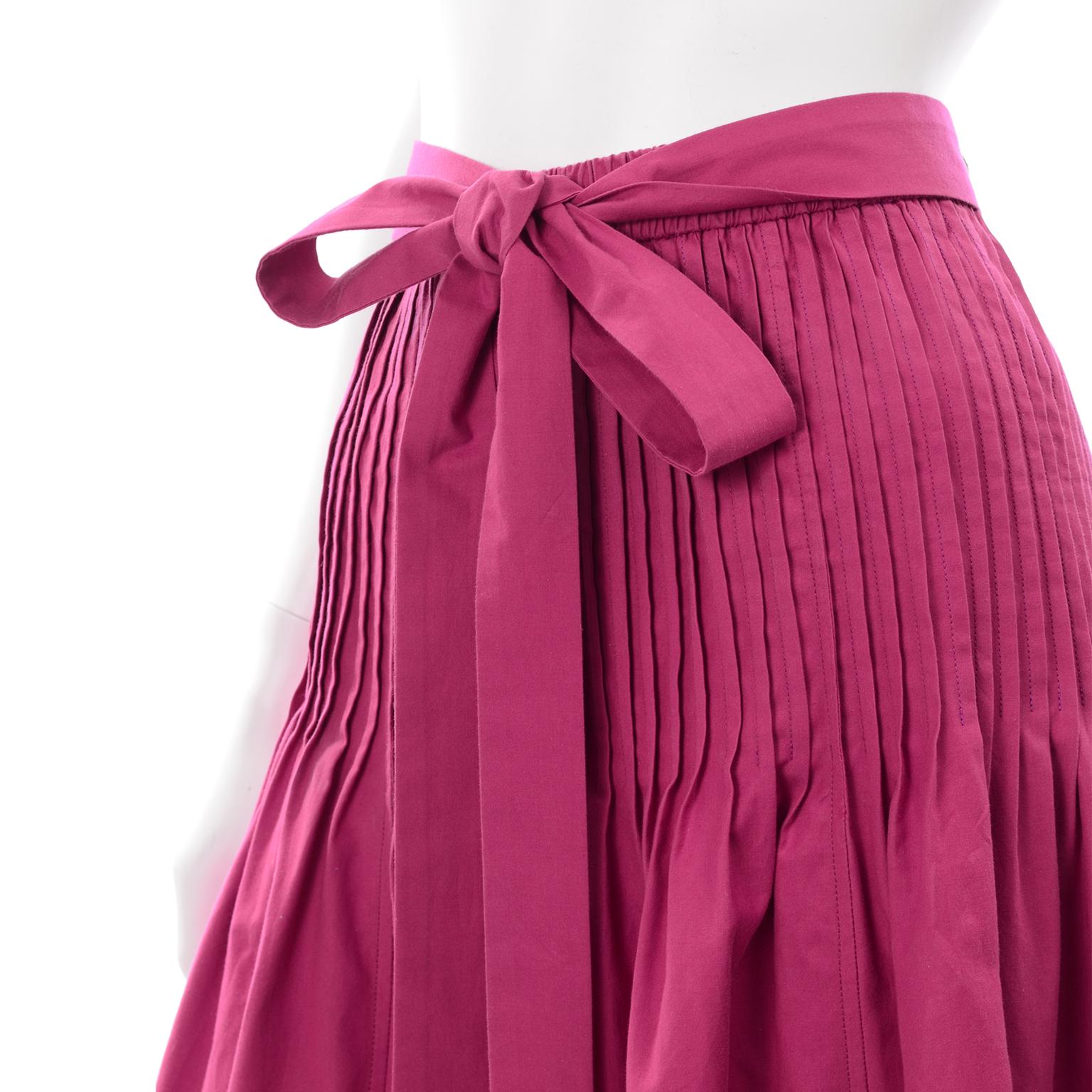 1970s Yves Saint Laurent Vintage Fuschia Pink Cotton Skirt With Sash Belt In Excellent Condition In Portland, OR