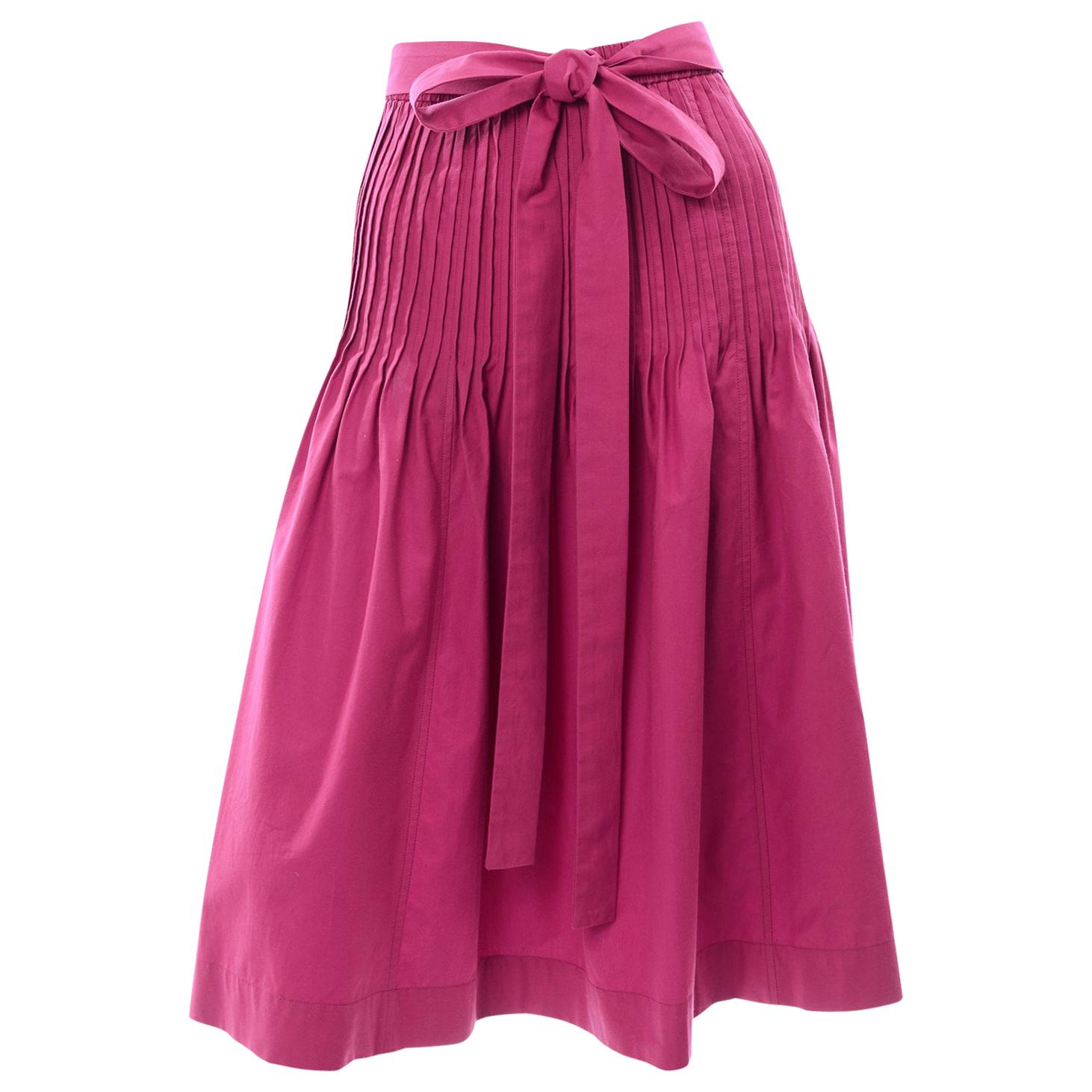 1970s Yves Saint Laurent Vintage Fuschia Pink Cotton Skirt With Sash Belt