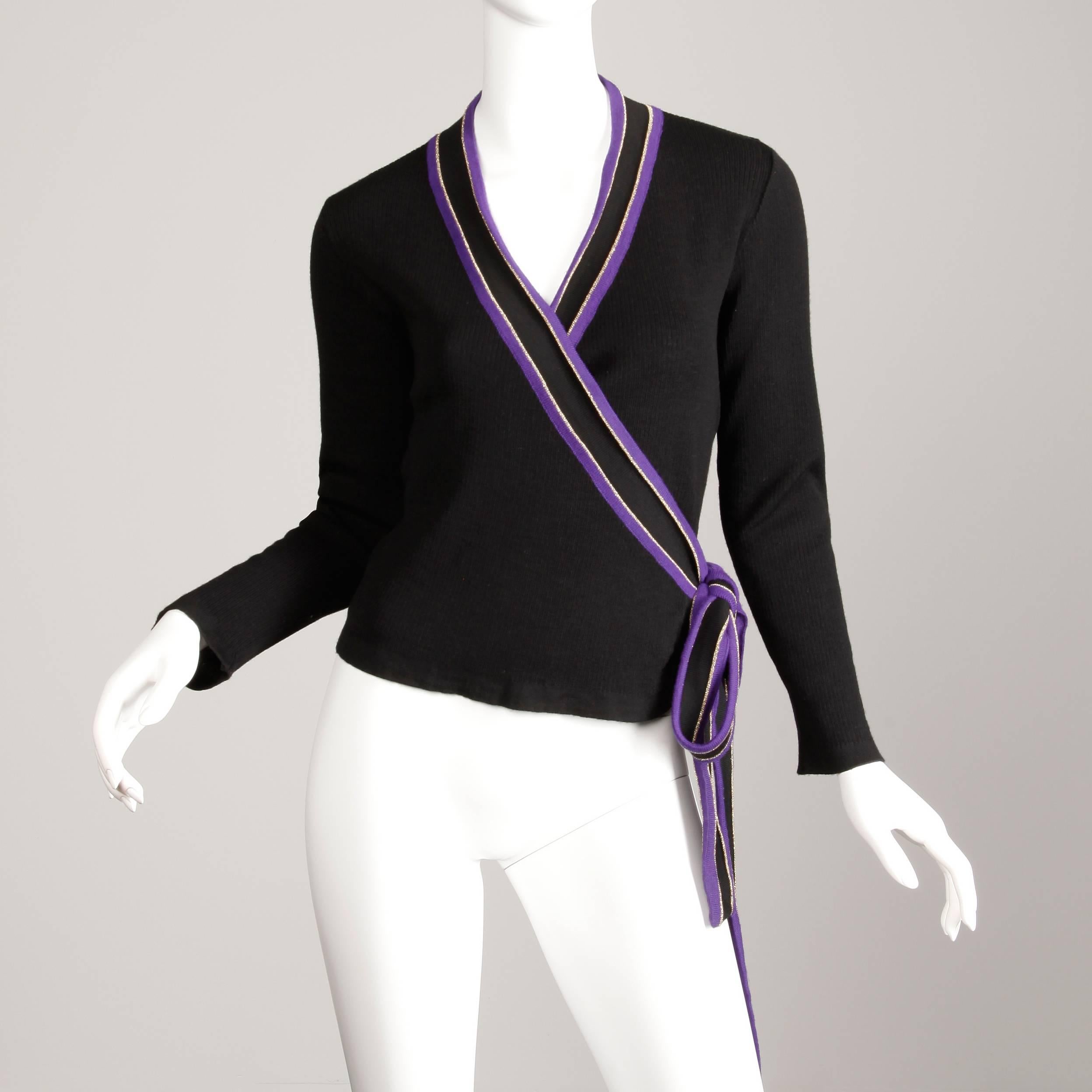 1970s Yves Saint Laurent Vintage Purple Black Gold Knit Wrap Sweater Top/ Shirt For Sale 1