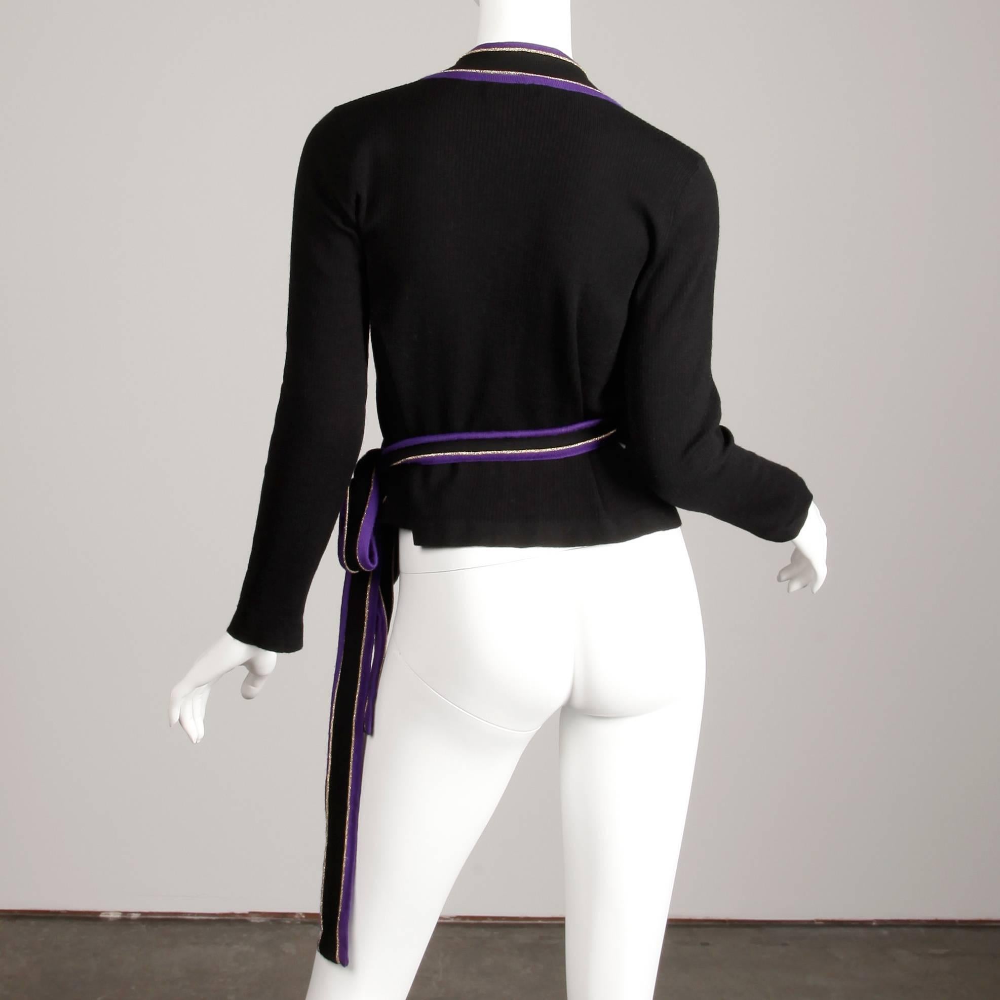 1970s Yves Saint Laurent Vintage Purple Black Gold Knit Wrap Sweater Top/ Shirt For Sale 2