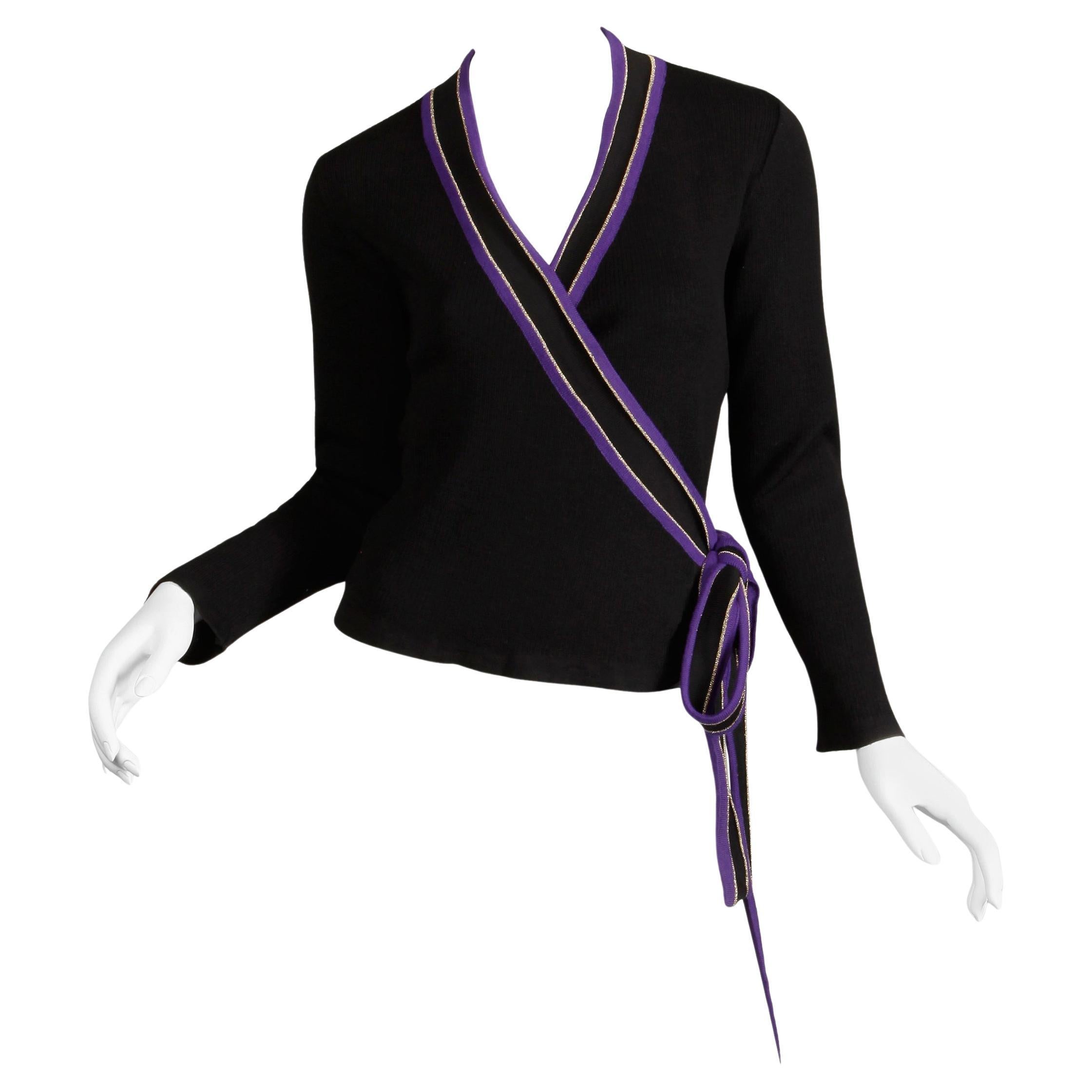 1970s Yves Saint Laurent Vintage Purple Black Gold Knit Wrap Sweater Top/ Shirt For Sale