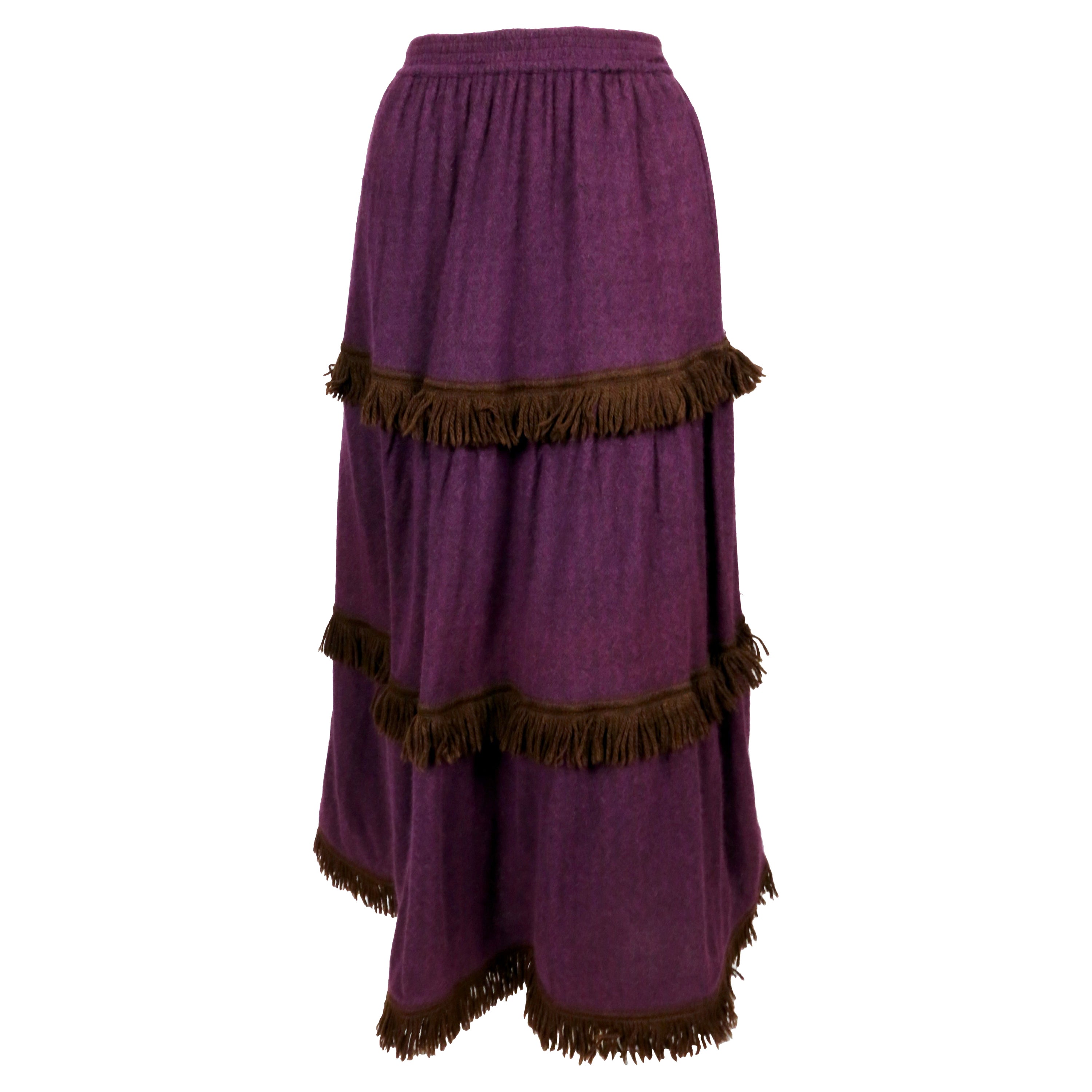 1970's YVES SAINT LAURENT wool maxi skirt with fringed trim For Sale