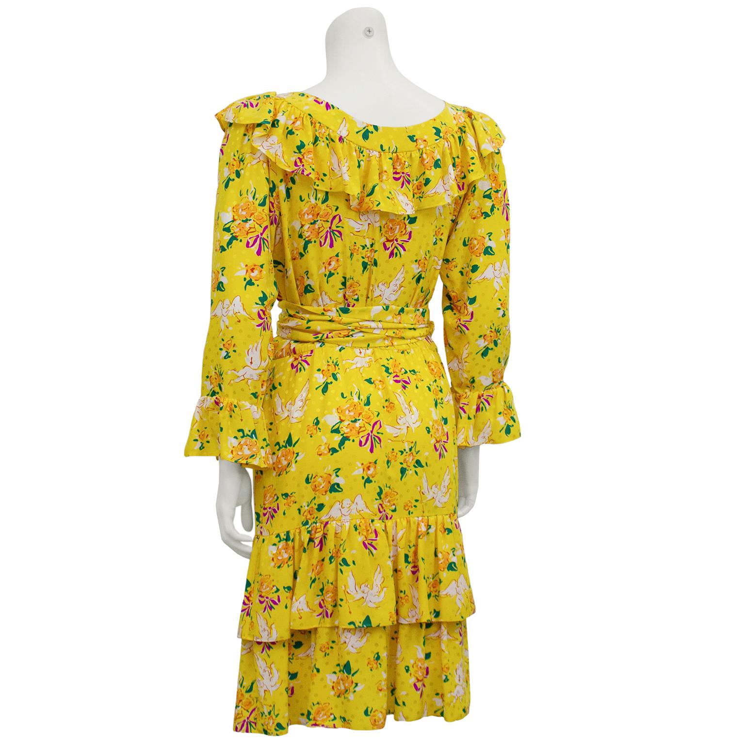 1970s Yves Saint Laurent Yellow Floral & Cupid Silk Jacquard Dress  In Good Condition In Toronto, Ontario