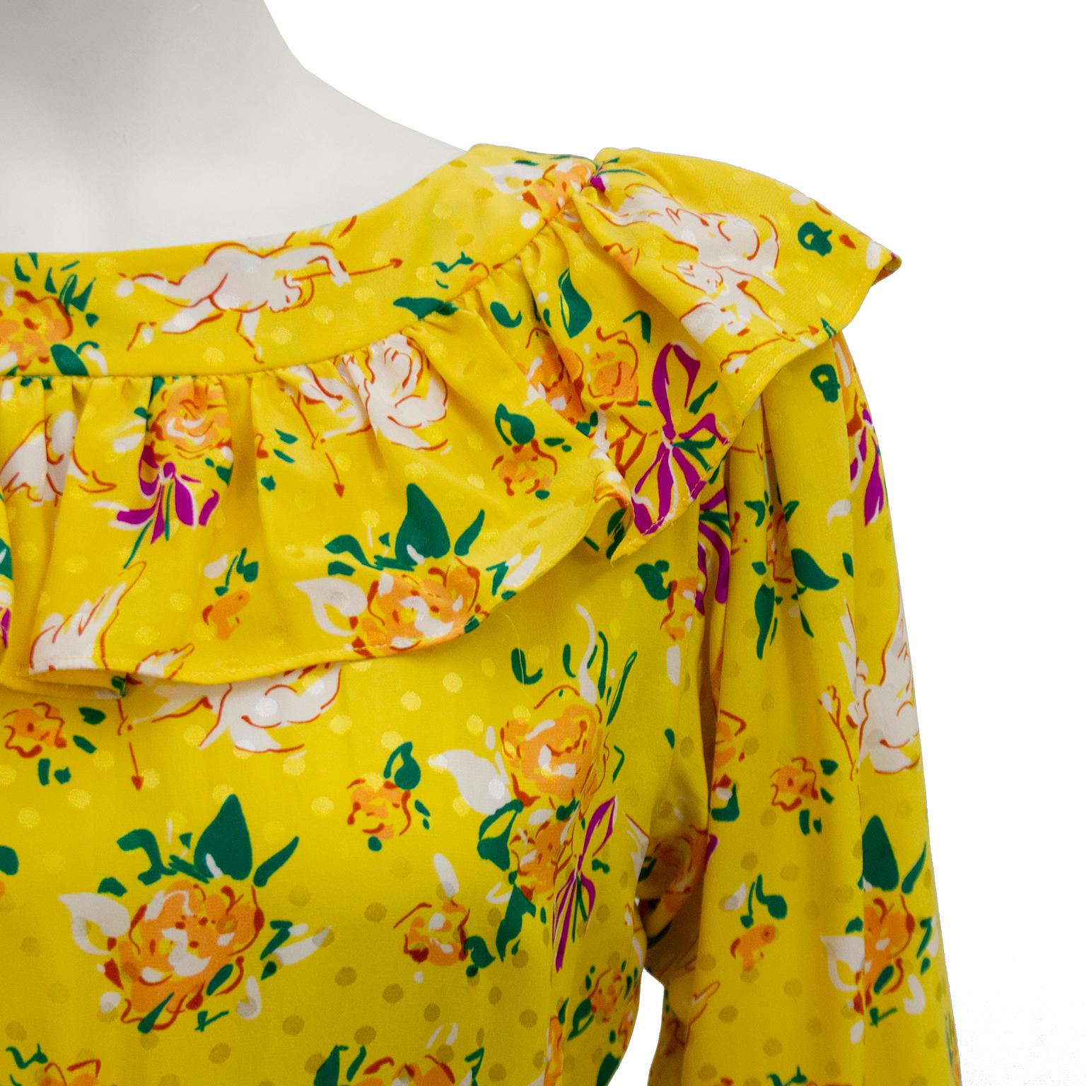 Women's 1970s Yves Saint Laurent Yellow Floral & Cupid Silk Jacquard Dress 