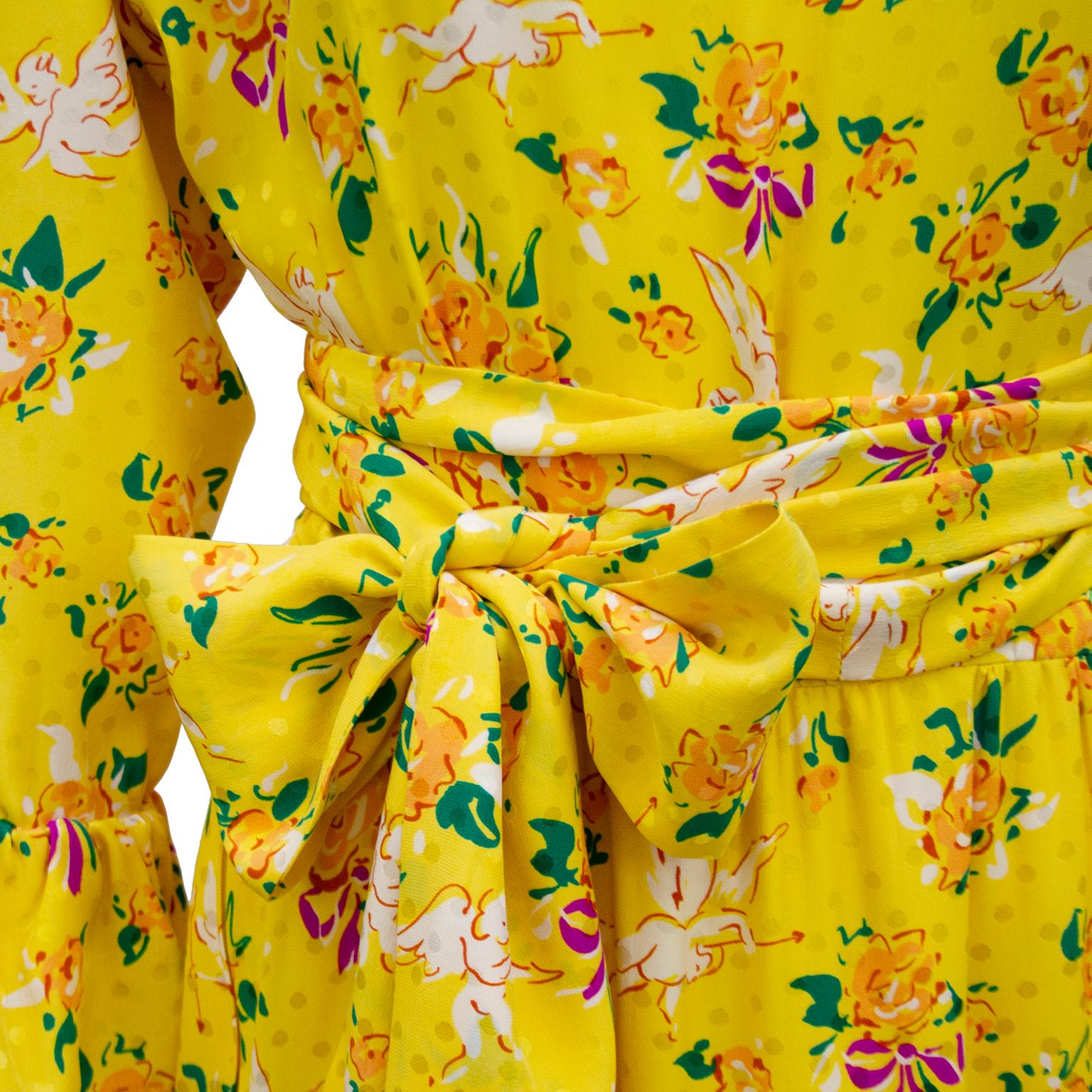 1970s Yves Saint Laurent Yellow Floral & Cupid Silk Jacquard Dress  1