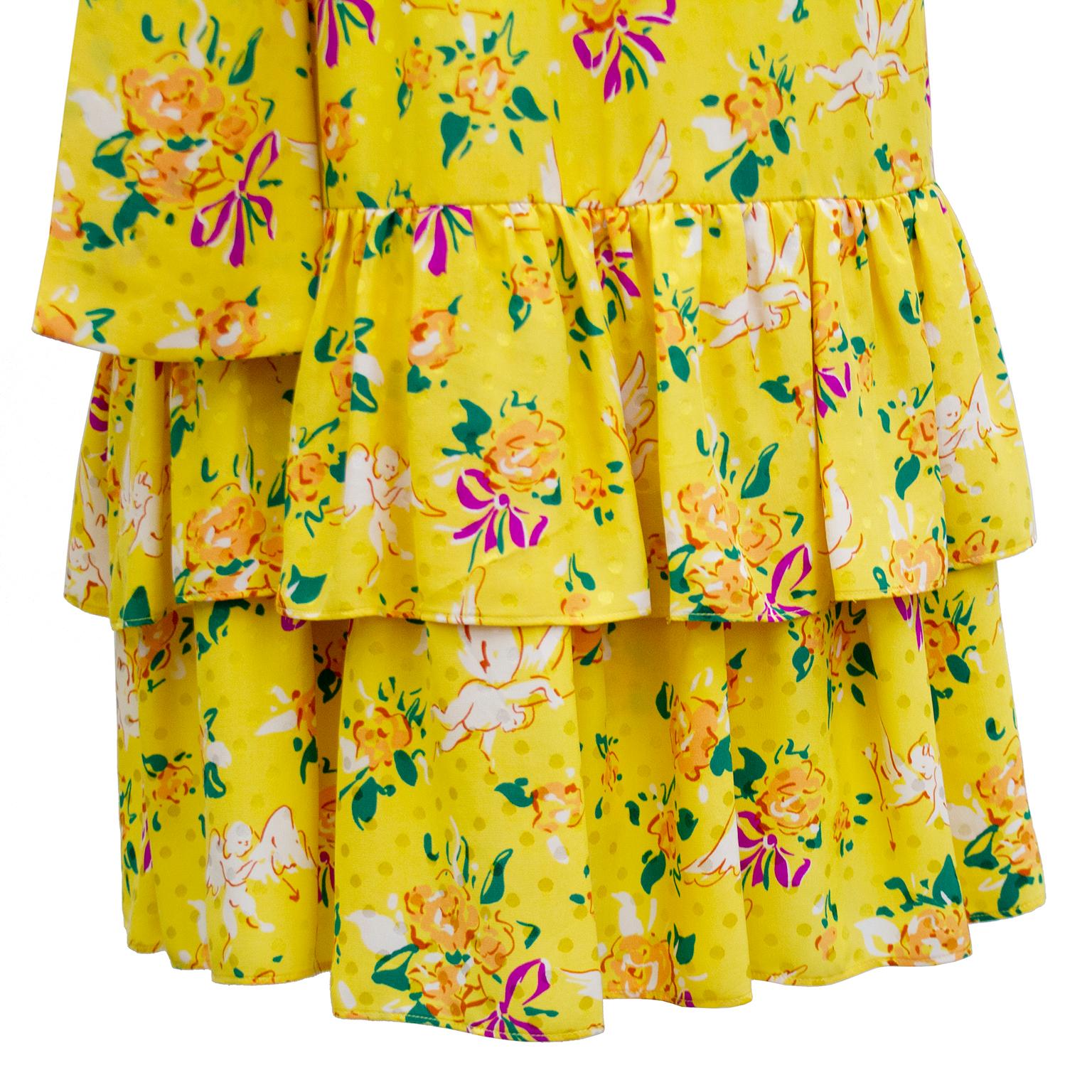 1970s Yves Saint Laurent Yellow Floral & Cupid Silk Jacquard Dress  2