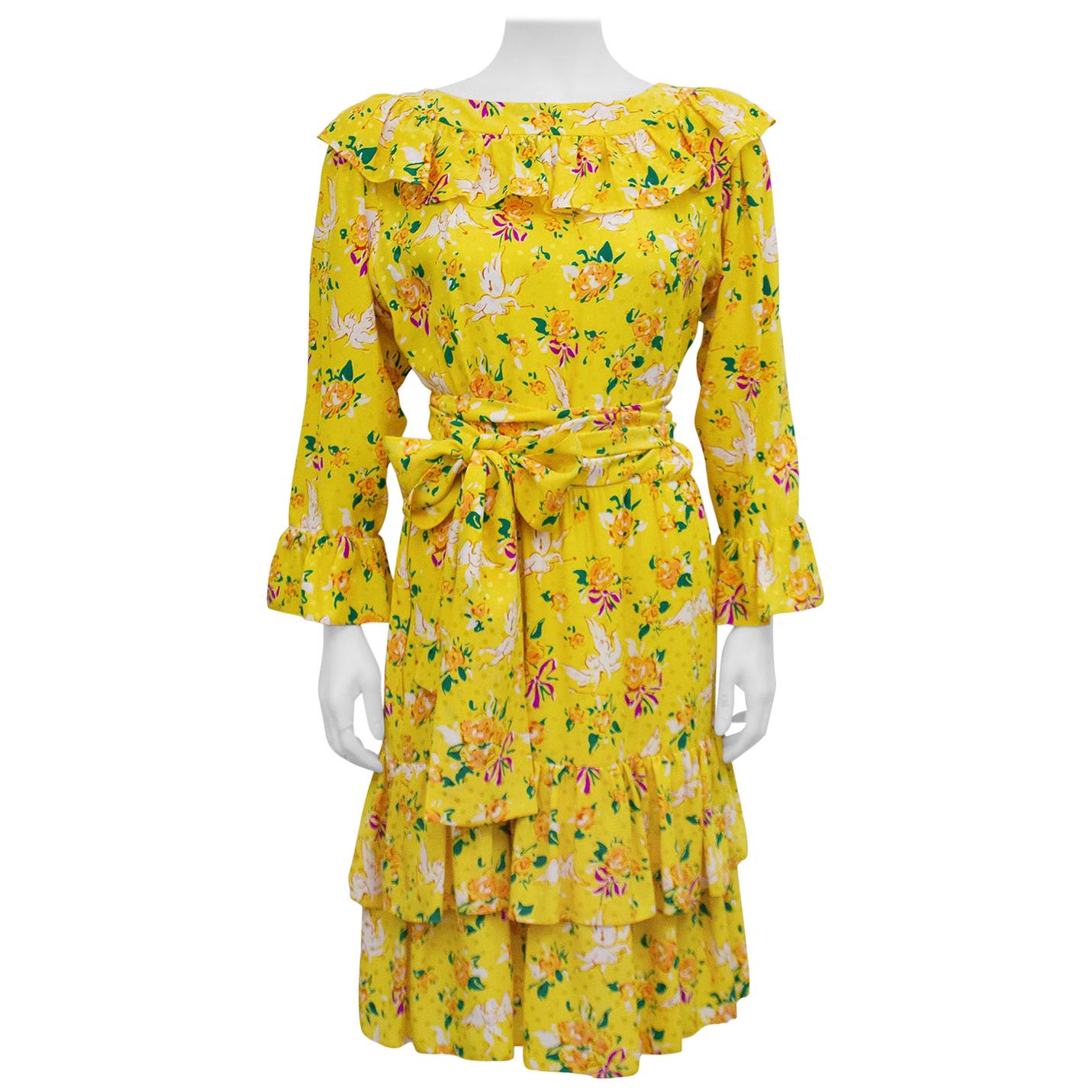 1970s Yves Saint Laurent Yellow Floral & Cupid Silk Jacquard Dress 
