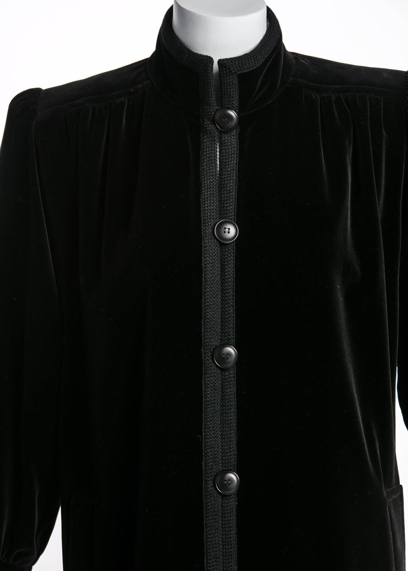 1970s Yves Saint Laurent YSL Black Velvet Passementerie Trim Button Front Coat 5