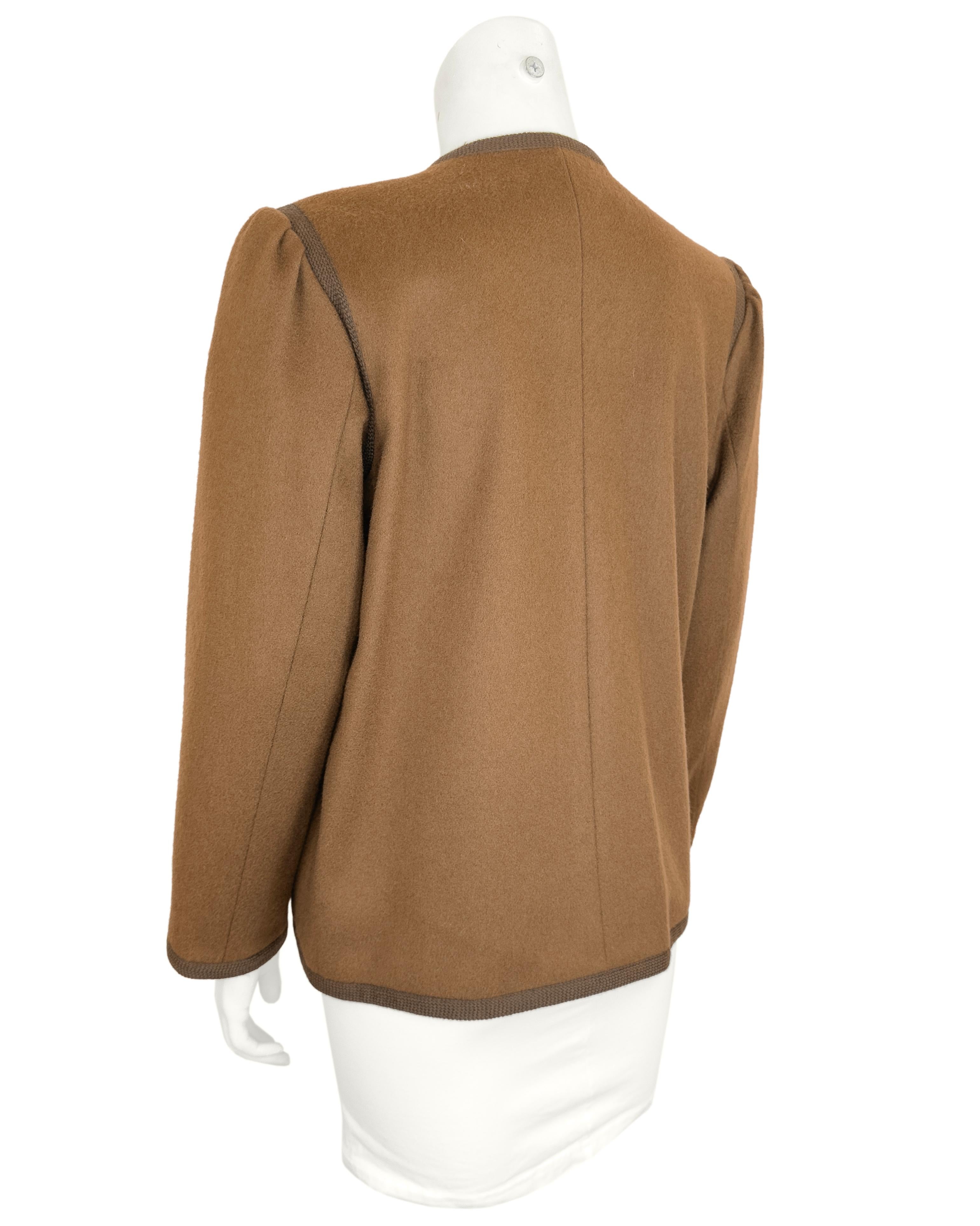 Marrone Giacca stile contadino in lana marrone di Yves Saint Laurent YSL degli anni '70 con rifiniture in tessuto in vendita