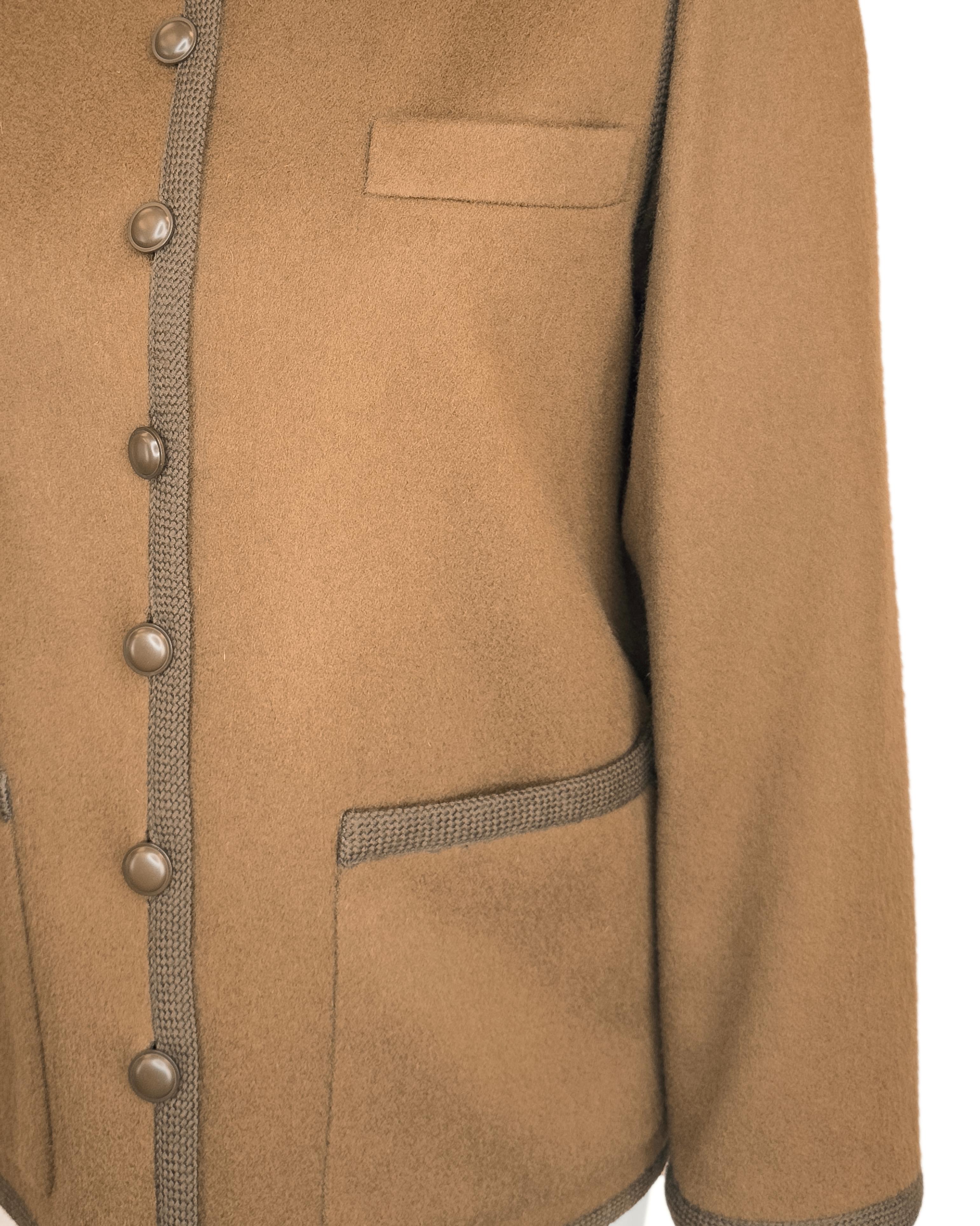 Giacca stile contadino in lana marrone di Yves Saint Laurent YSL degli anni '70 con rifiniture in tessuto in vendita 1