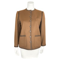 Giacca stile contadino in lana marrone di Yves Saint Laurent YSL degli anni '70 con rifiniture in tessuto