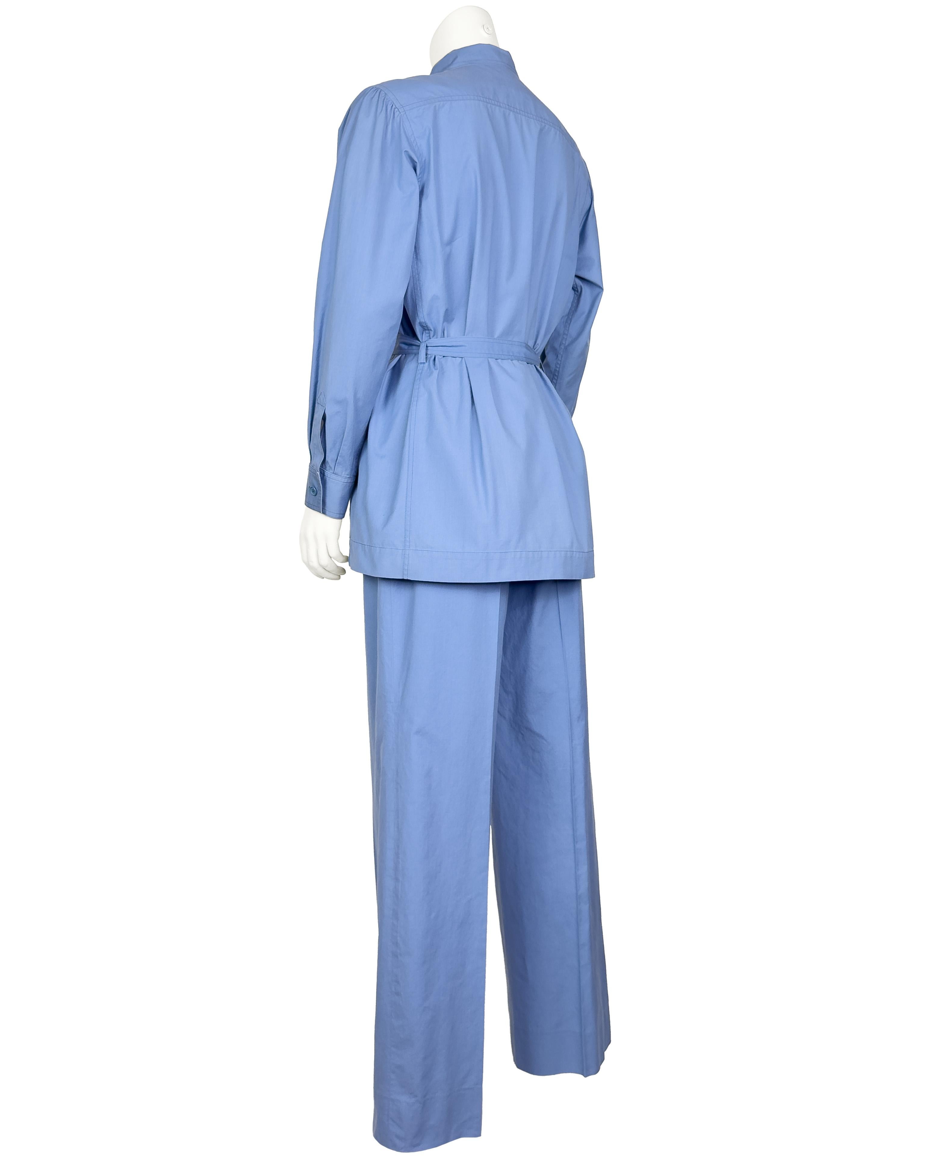 1970s Yves Saint Laurent/YSL Cornflower Blue Cotton Safari Suit Azul en venta
