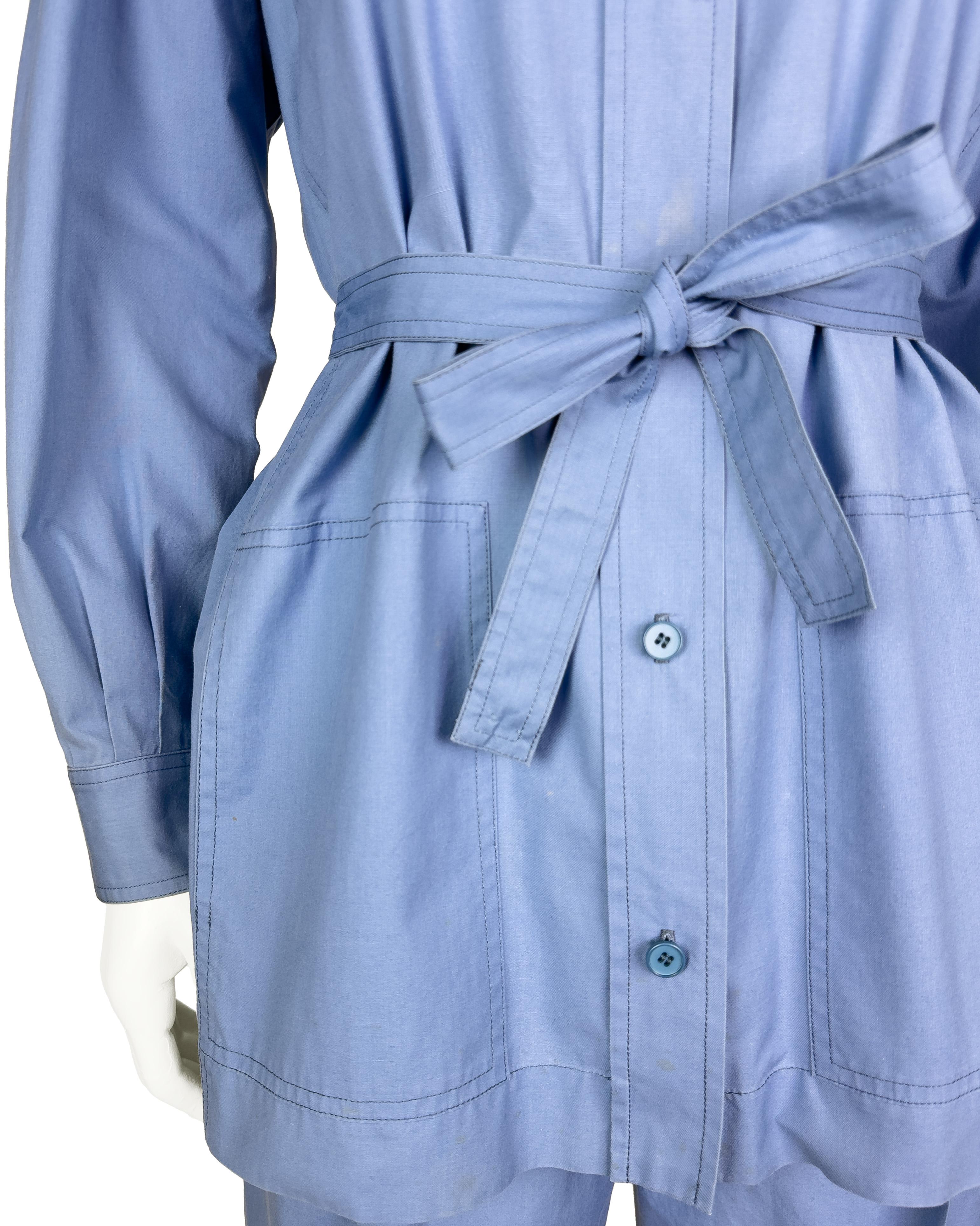 Femenino o masculino 1970s Yves Saint Laurent/YSL Cornflower Blue Cotton Safari Suit en venta