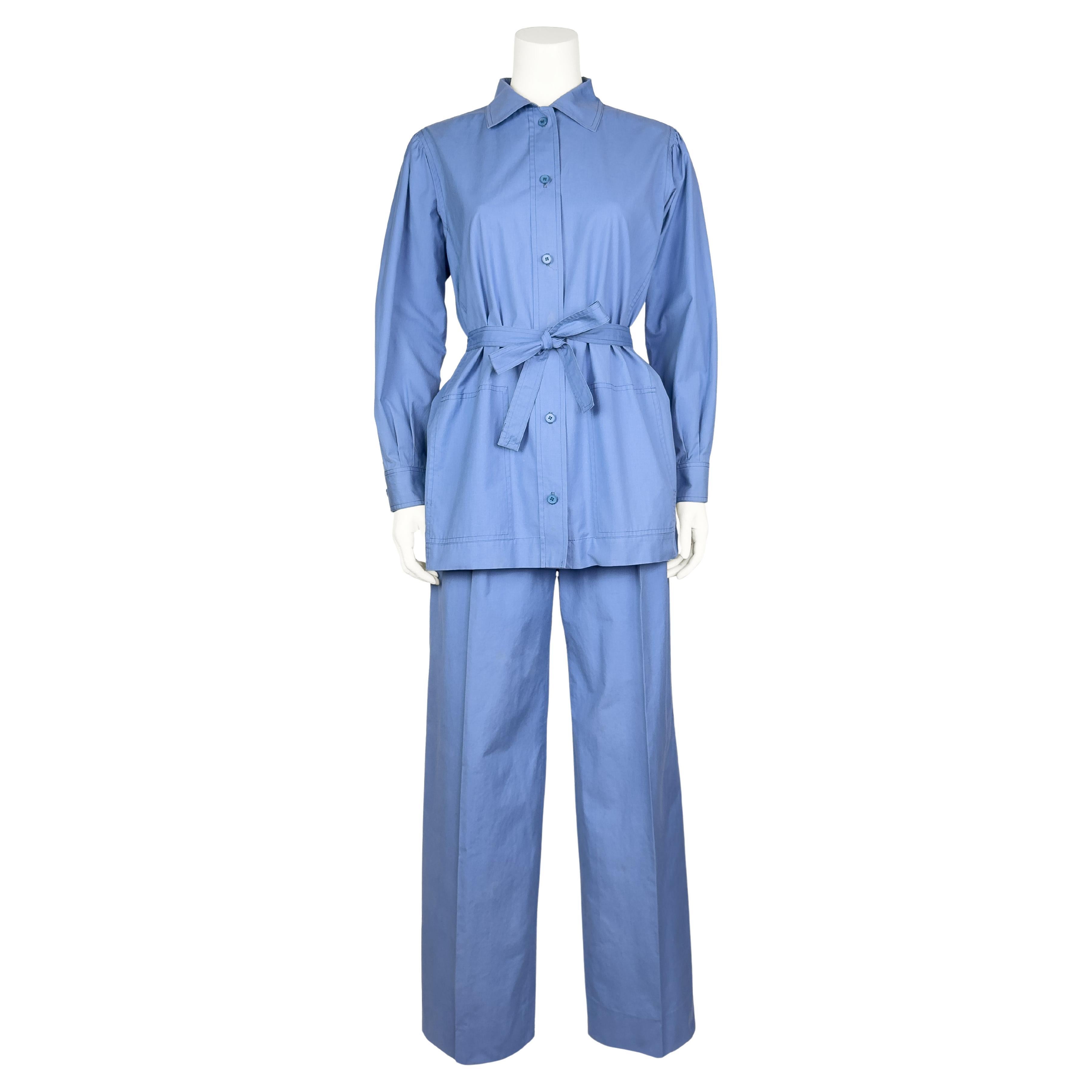 1970s Yves Saint Laurent/YSL Cornflower Blue Cotton Safari Suit en venta