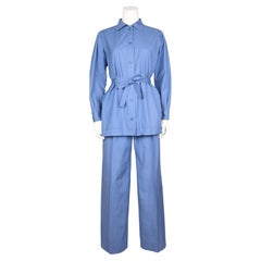 1970s Yves Saint Laurent/YSL Cornflower Blue Cotton Safari Suit
