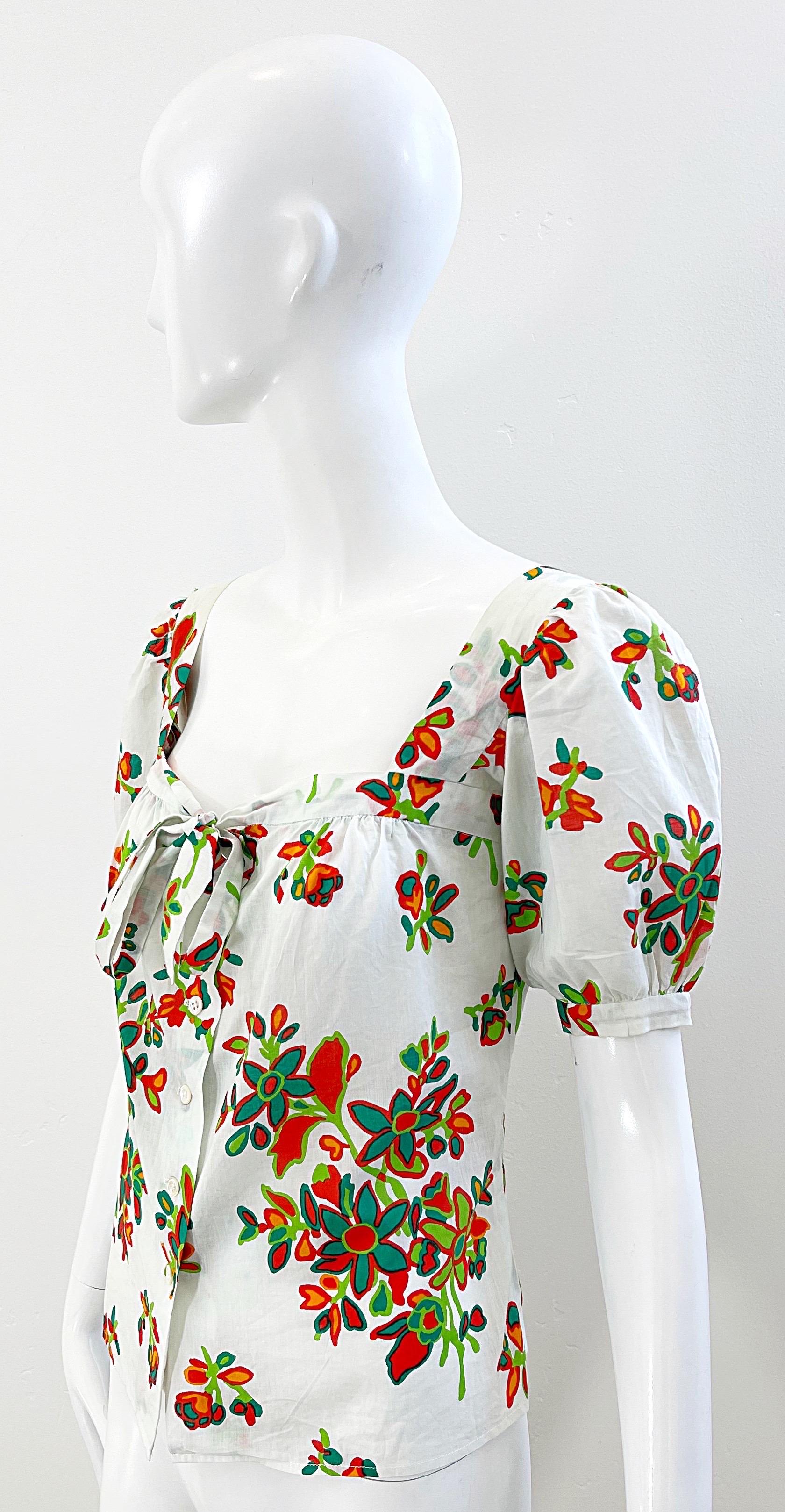 1970s Yves Saint Laurent YSL Cotton Abstract Floral Print Size 34 Blouse 70s Top For Sale 2