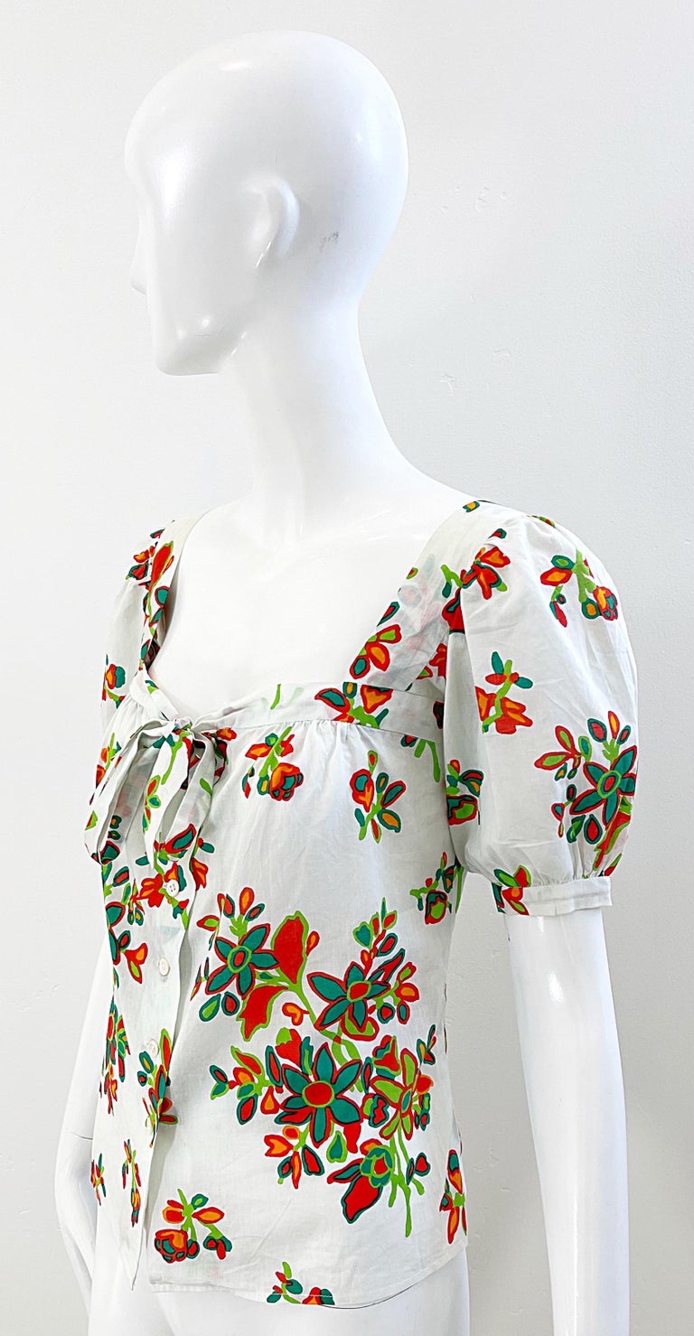 1970s Yves Saint Laurent YSL Cotton Abstract Floral Print Size 34 Blouse 70s Top For Sale 5