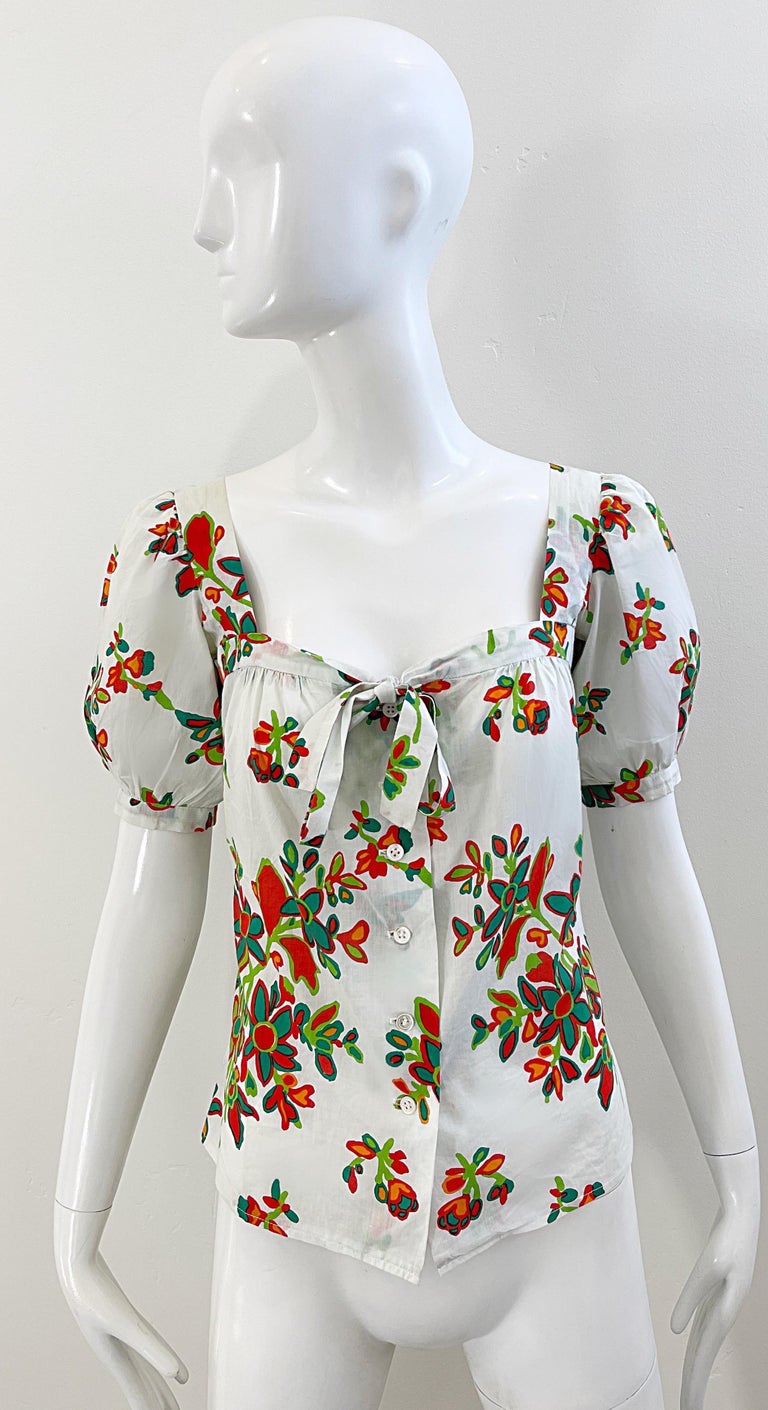 1970s Yves Saint Laurent YSL Cotton Abstract Floral Print Size 34 Blouse 70s Top For Sale 6