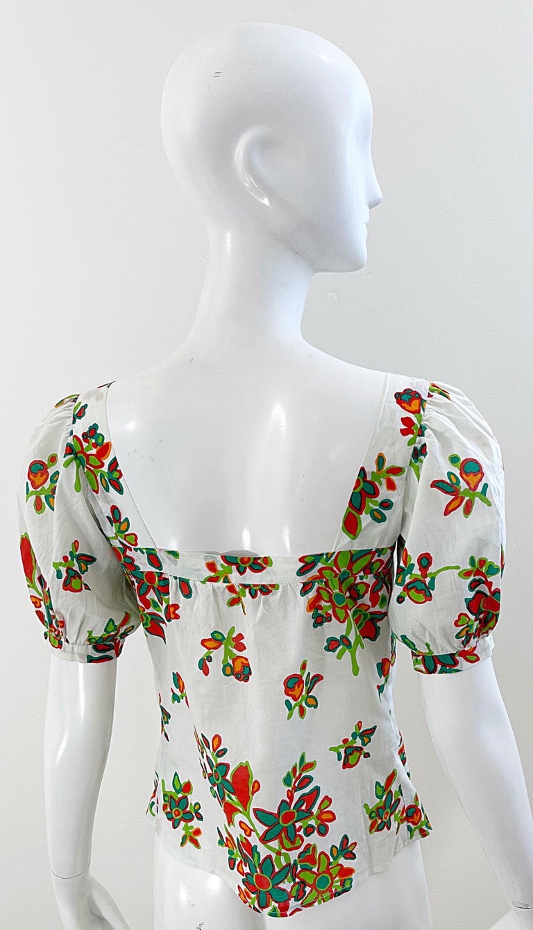 1970s Yves Saint Laurent YSL Cotton Abstract Floral Print Size 34 Blouse 70s Top In Excellent Condition For Sale In San Diego, CA