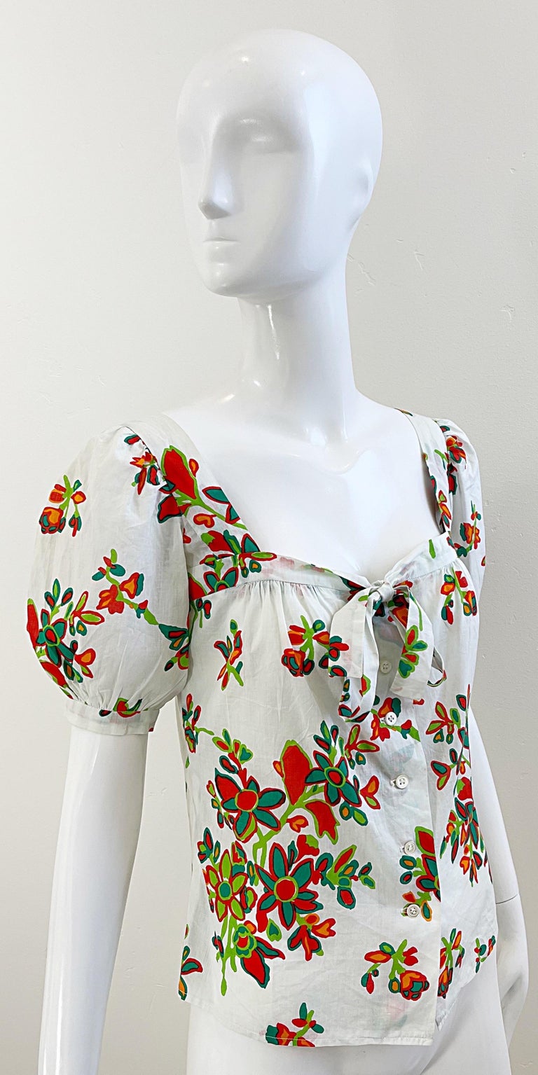 Women's 1970s Yves Saint Laurent YSL Cotton Abstract Floral Print Size 34 Blouse 70s Top For Sale