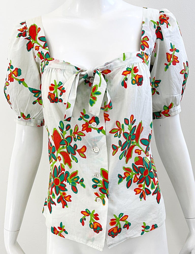1970s Yves Saint Laurent YSL Cotton Abstract Floral Print Size 34 Blouse 70s Top For Sale 1